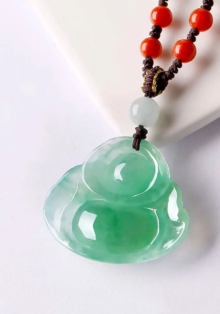 Natural Jadeite Jade Laughing Buddha「Happiness」Pendant Necklace for Men and Women