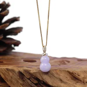 Natural Lavender Jadeite Jade "Magic Bottle Gourd" Hulu Necklace With 14k Yellow Gold Diamond Bail