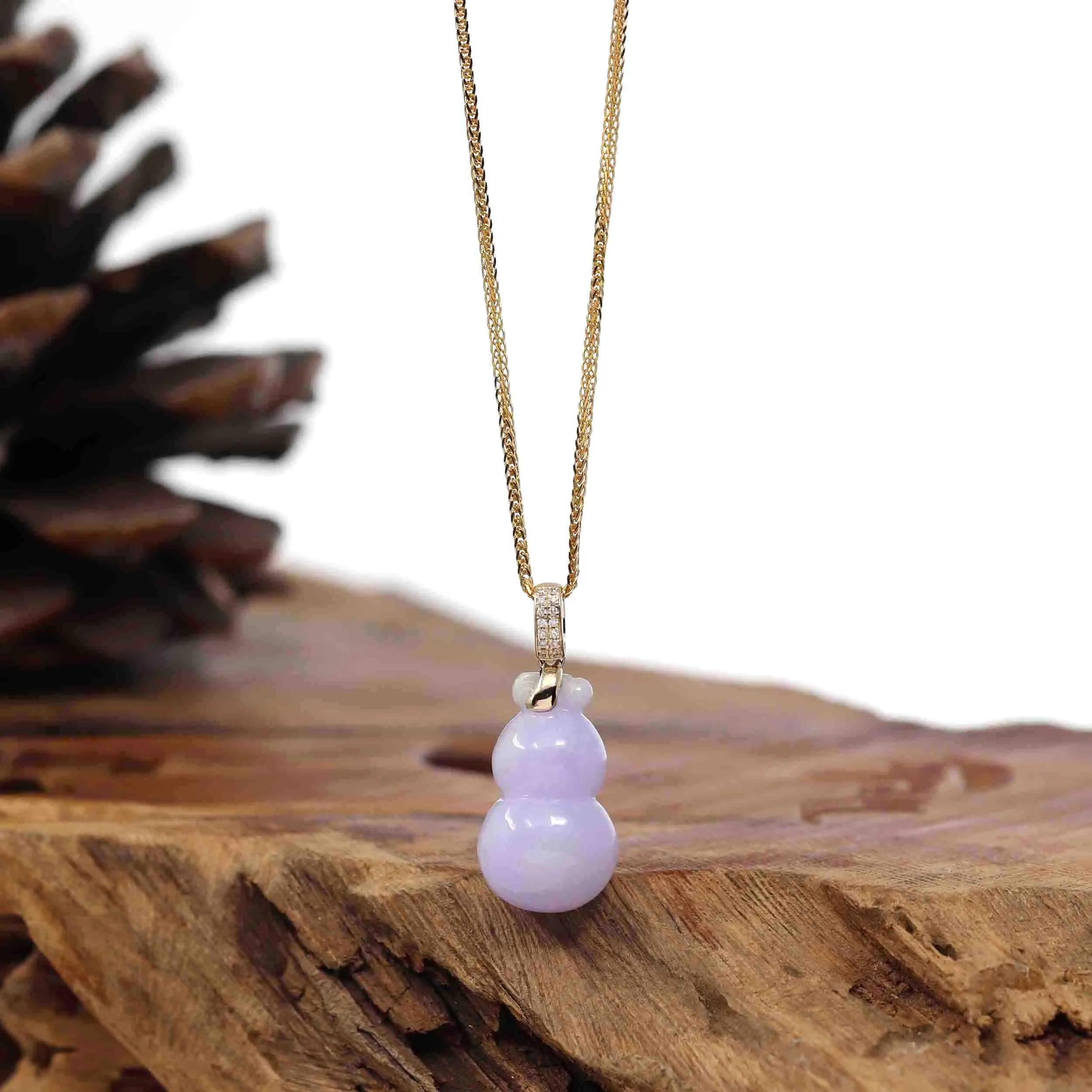 Natural Lavender Jadeite Jade "Magic Bottle Gourd" Hulu Necklace With 14k Yellow Gold Diamond Bail