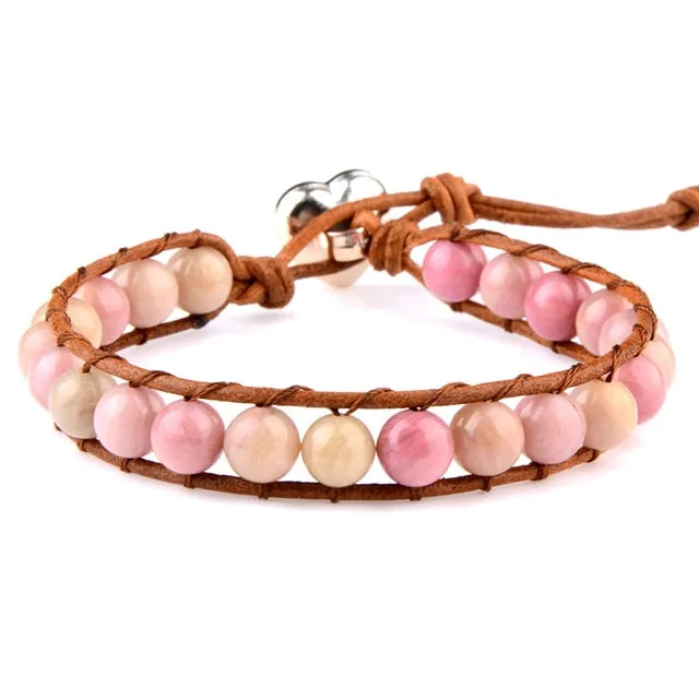 Natural Quartz Adjustable Bracelet | Rose Quartz Leather Bracelet - Genuine Leather