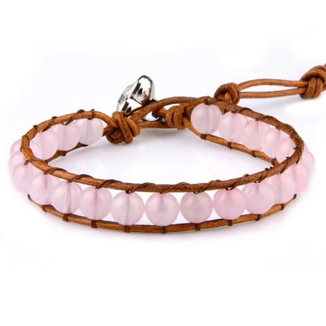 Natural Quartz Adjustable Bracelet | Rose Quartz Leather Bracelet - Genuine Leather