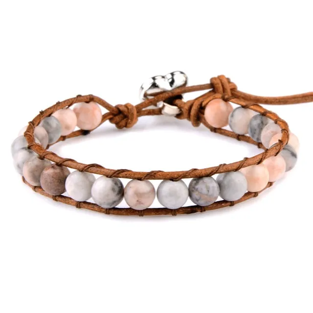 Natural Quartz Adjustable Bracelet | Rose Quartz Leather Bracelet - Genuine Leather