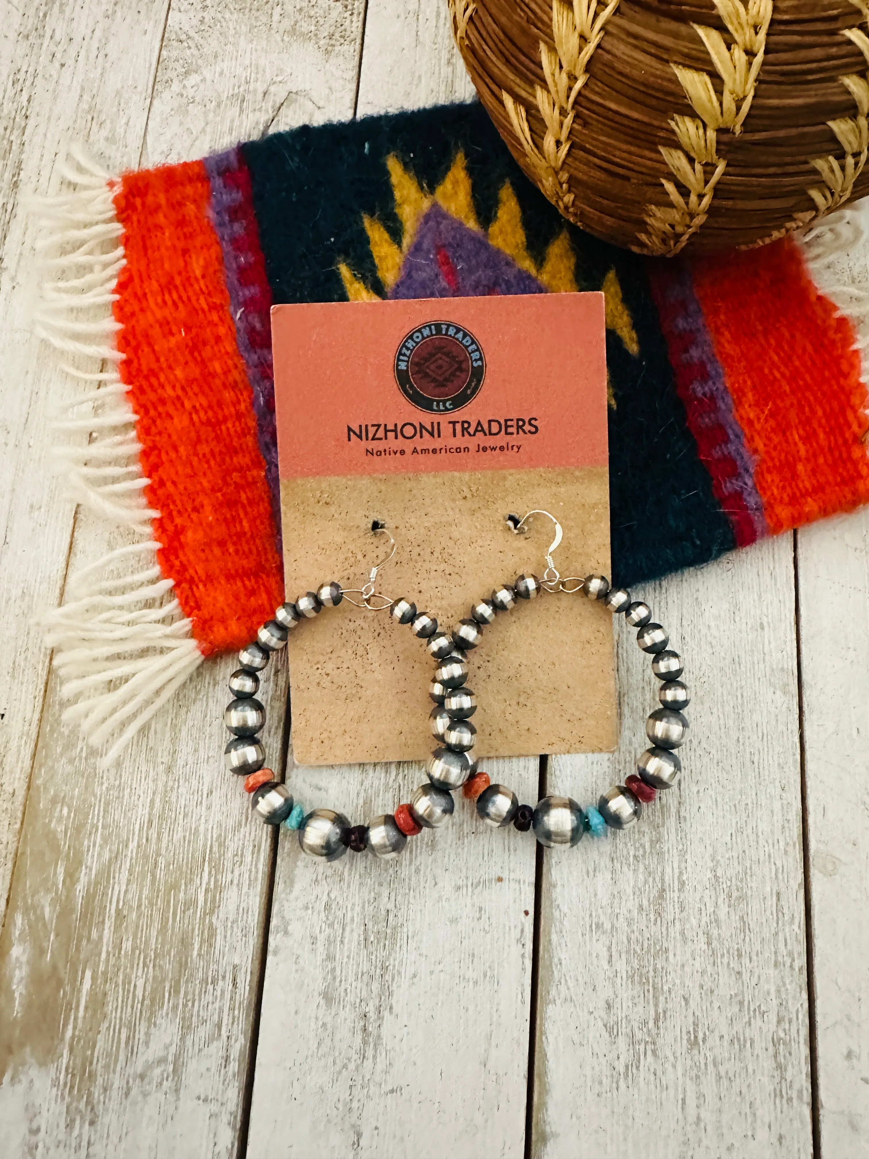 Navajo Spiny, Turquoise & Sterling Silver Beaded Dangle Earrings