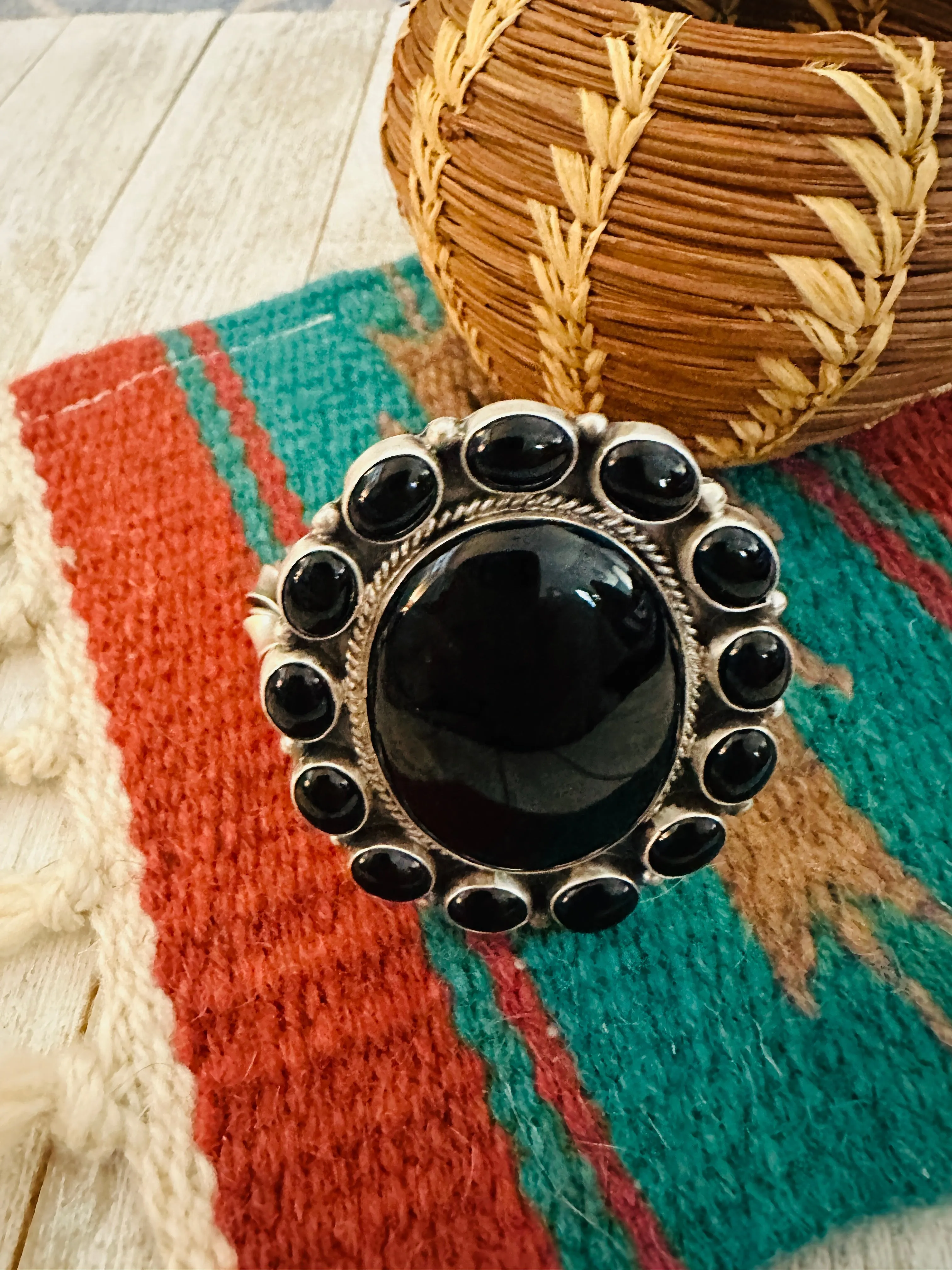 Navajo Sterling Silver & Onyx Cluster Cuff Bracelet