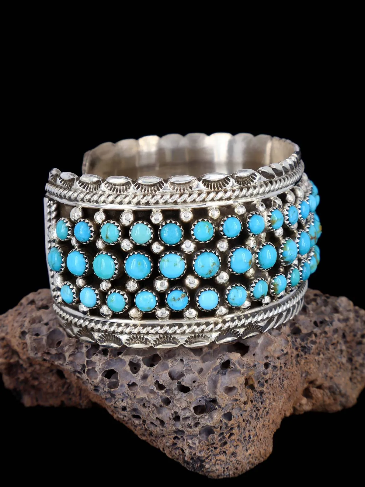 Navajo Turquoise Row Sterling Silver Cuff Bracelet