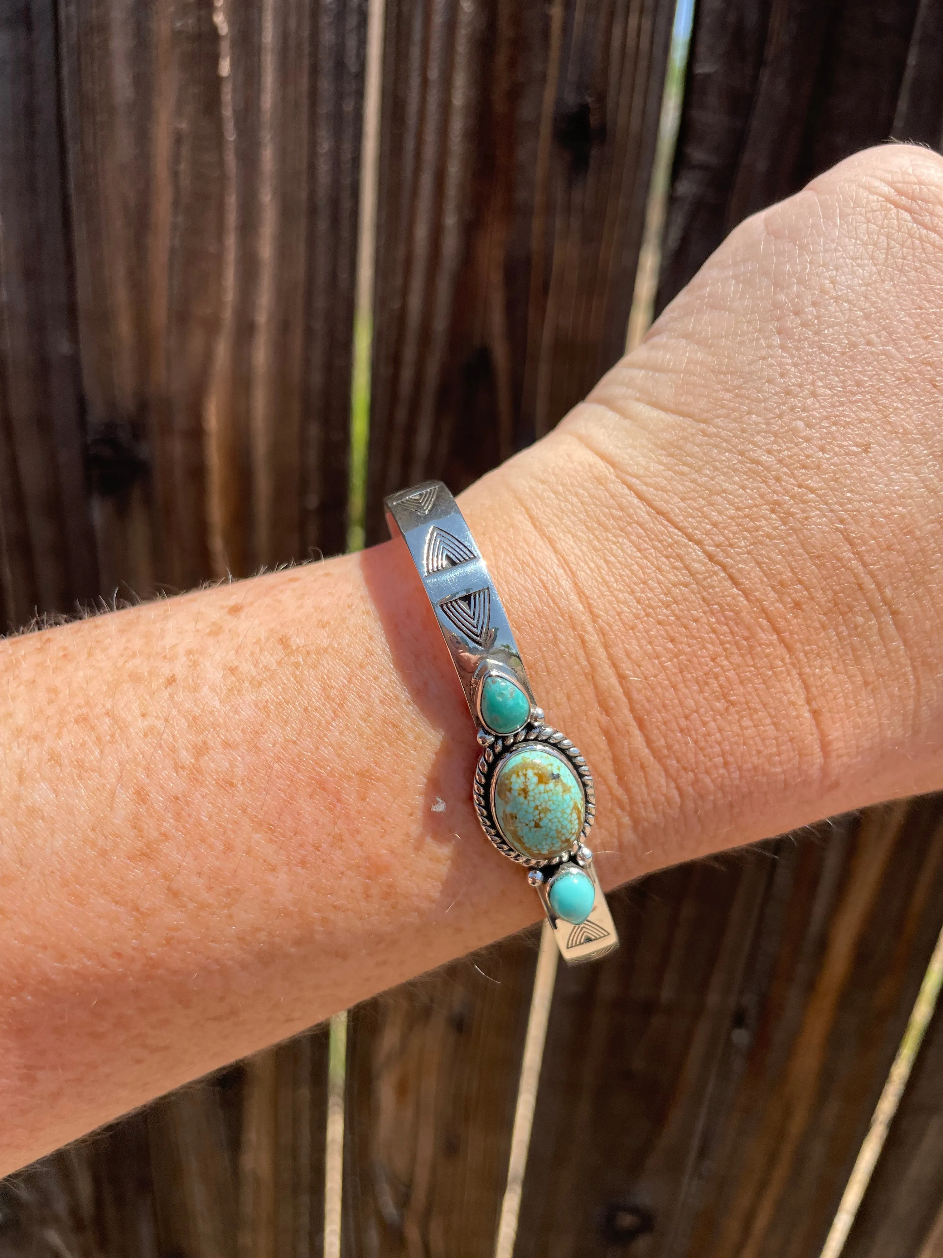 Nizhoni Handmade Sterling Silver & Number 8 Turquoise 3 Stone Adjustable Cuff Bracelet