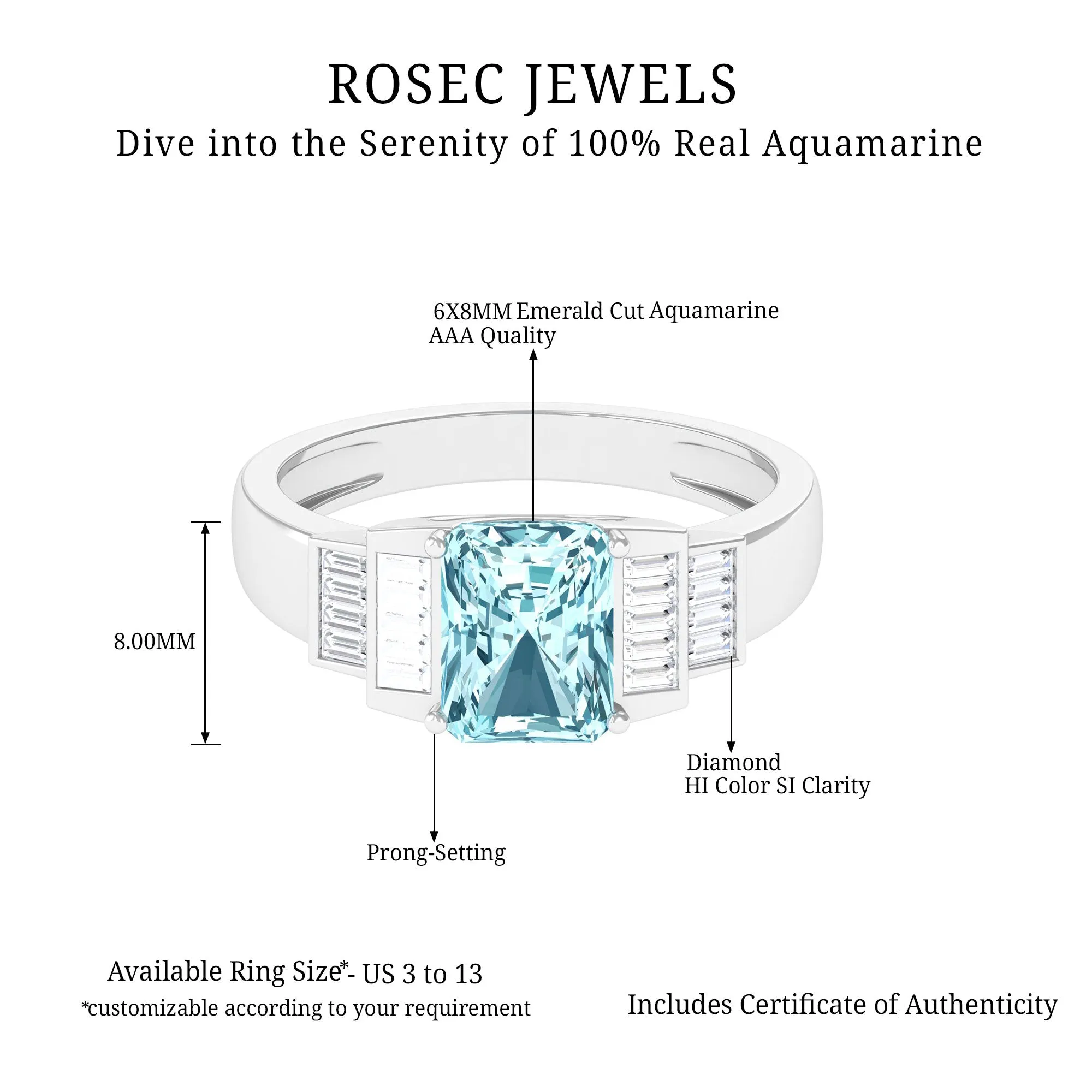 Octagon Cut Aquamarine Statement Engagement Ring with Diamond Accent