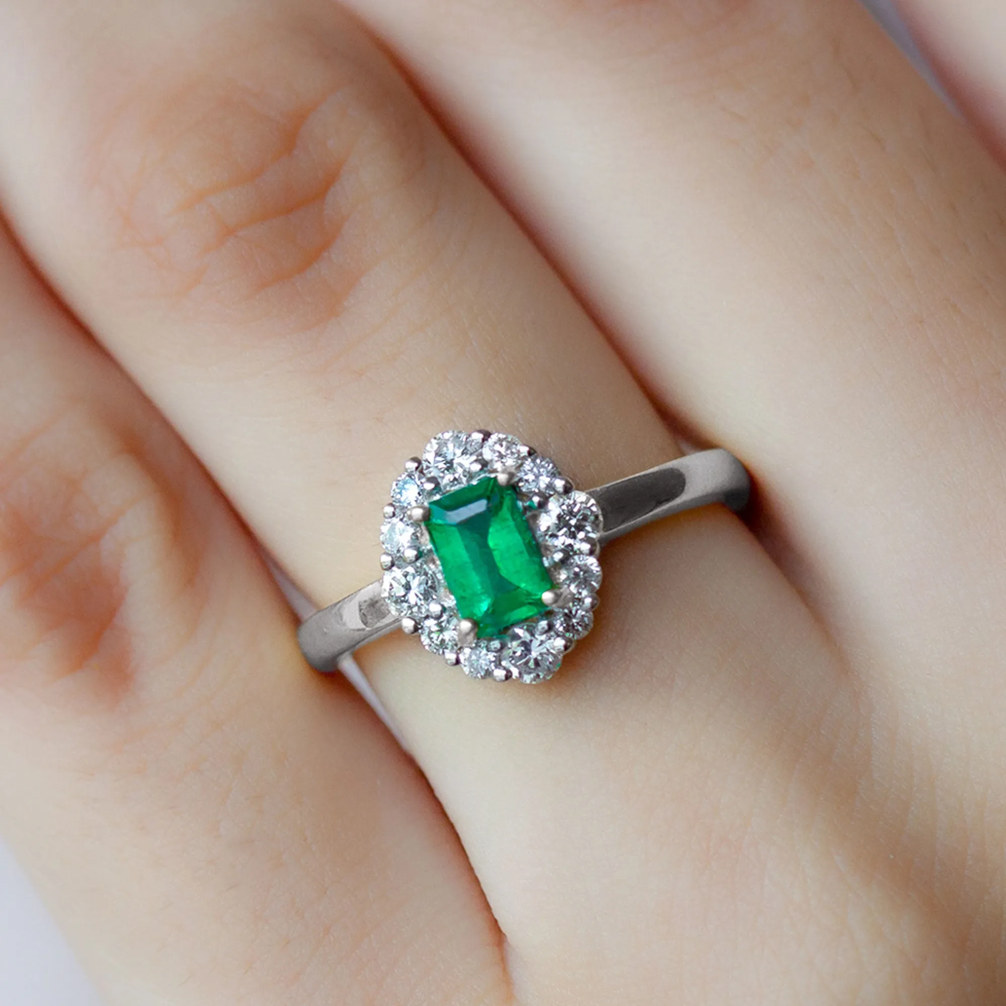 Octagon Cut Emerald Engagement Ring with Diamond Halo