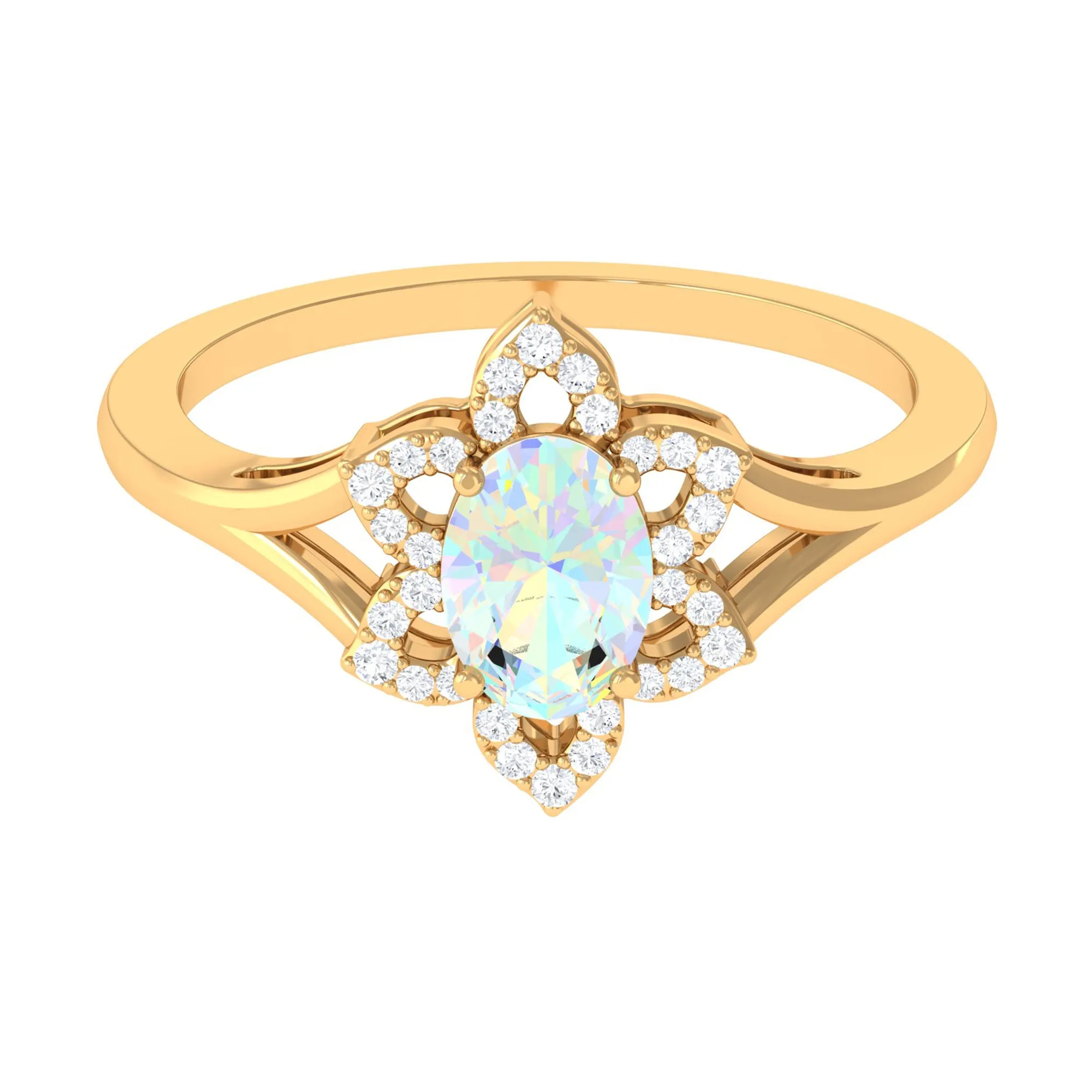 Oval Ethiopian Opal and Diamond Flower Engagement Ring in Split Shank