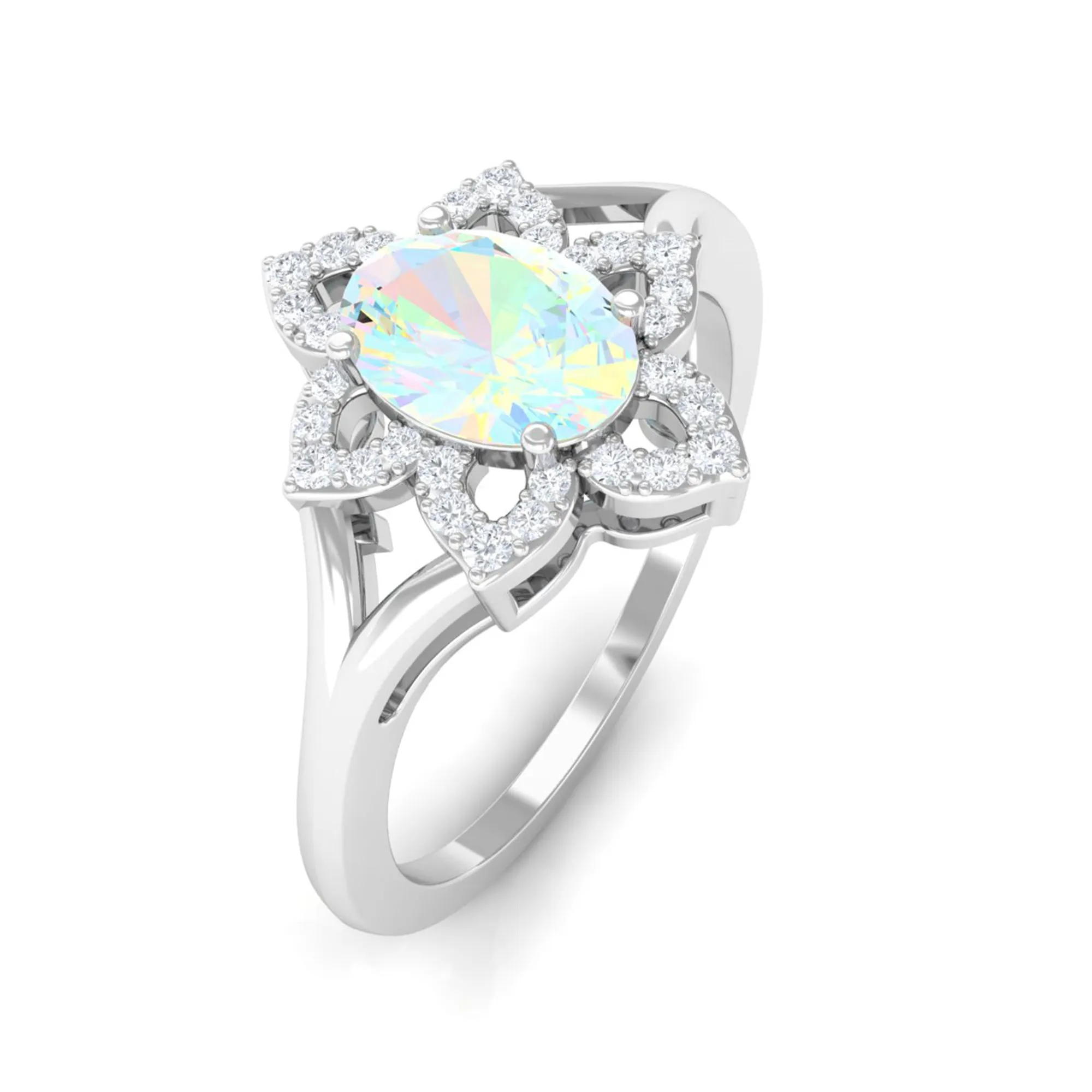 Oval Ethiopian Opal and Diamond Flower Engagement Ring in Split Shank