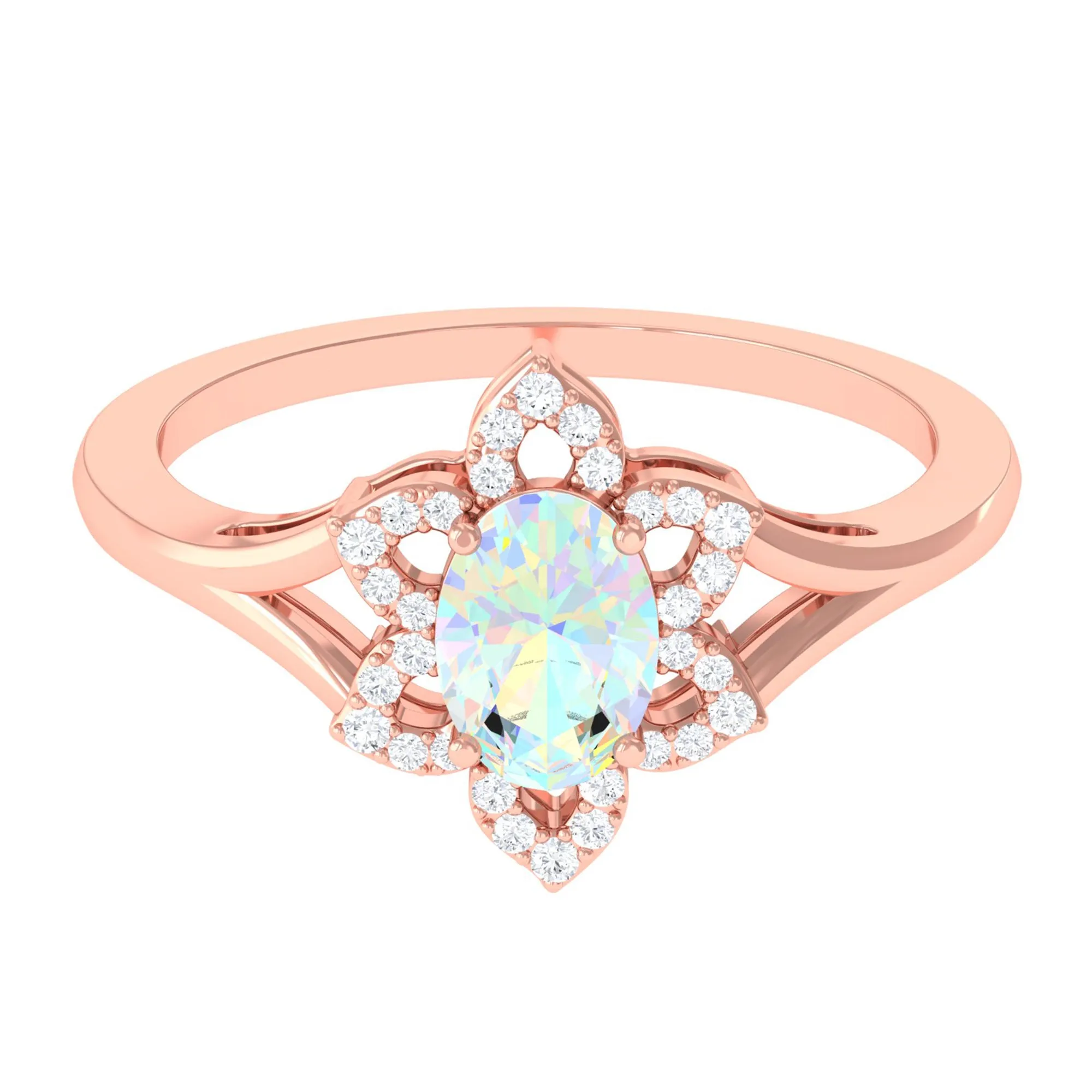 Oval Ethiopian Opal and Diamond Flower Engagement Ring in Split Shank