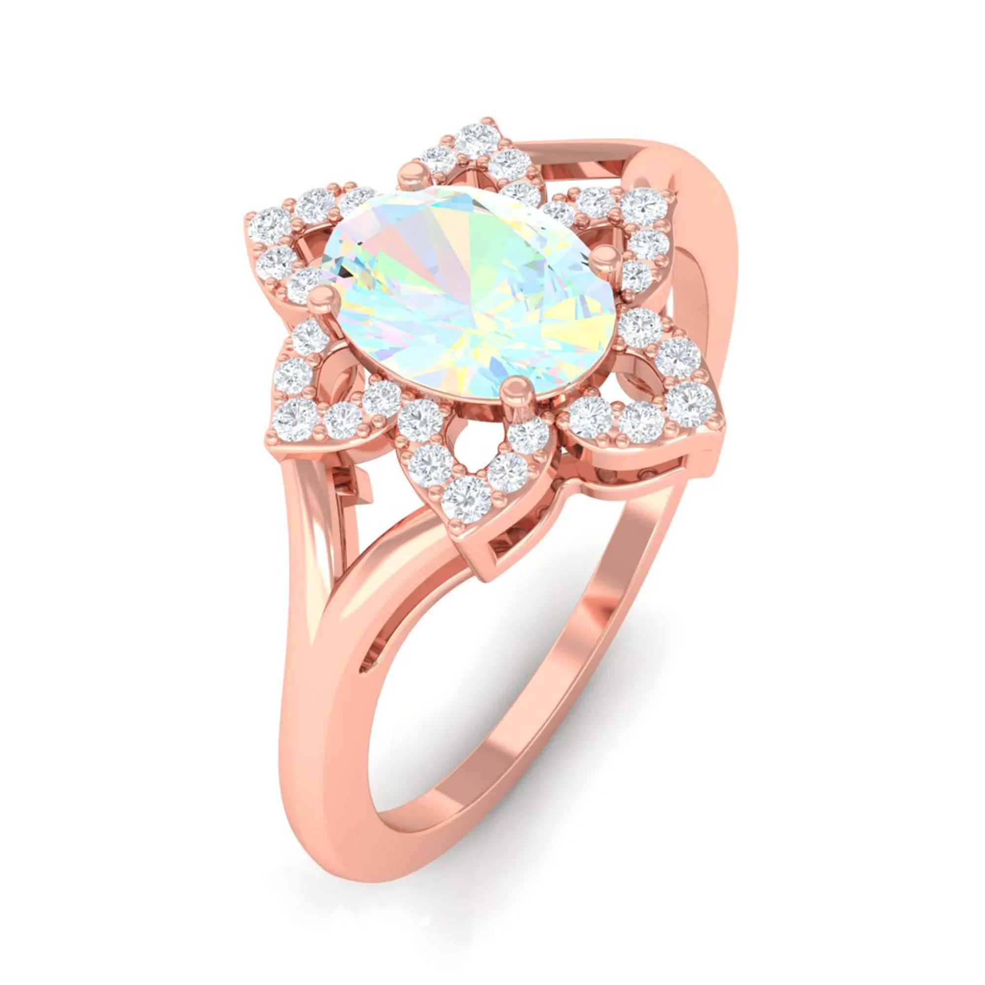 Oval Ethiopian Opal and Diamond Flower Engagement Ring in Split Shank