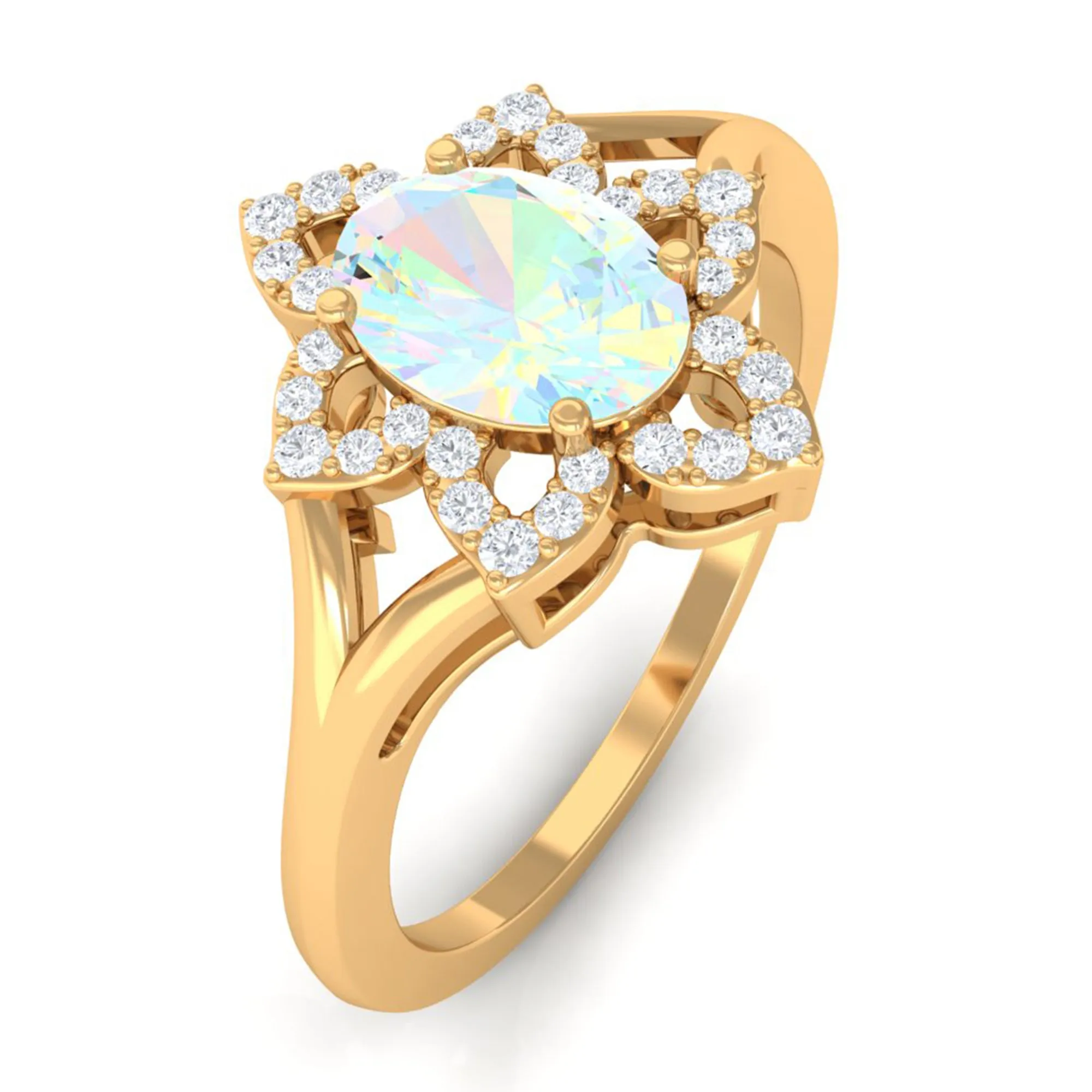 Oval Ethiopian Opal and Diamond Flower Engagement Ring in Split Shank