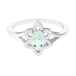 Oval Ethiopian Opal and Diamond Flower Engagement Ring in Split Shank