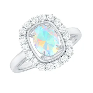 Oval Ethiopian Opal and Moissanite Halo Engagement Ring