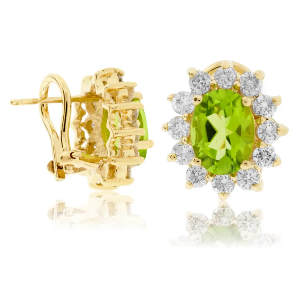 Oval Peridot and Classic Diamond Stud Halo Earrings