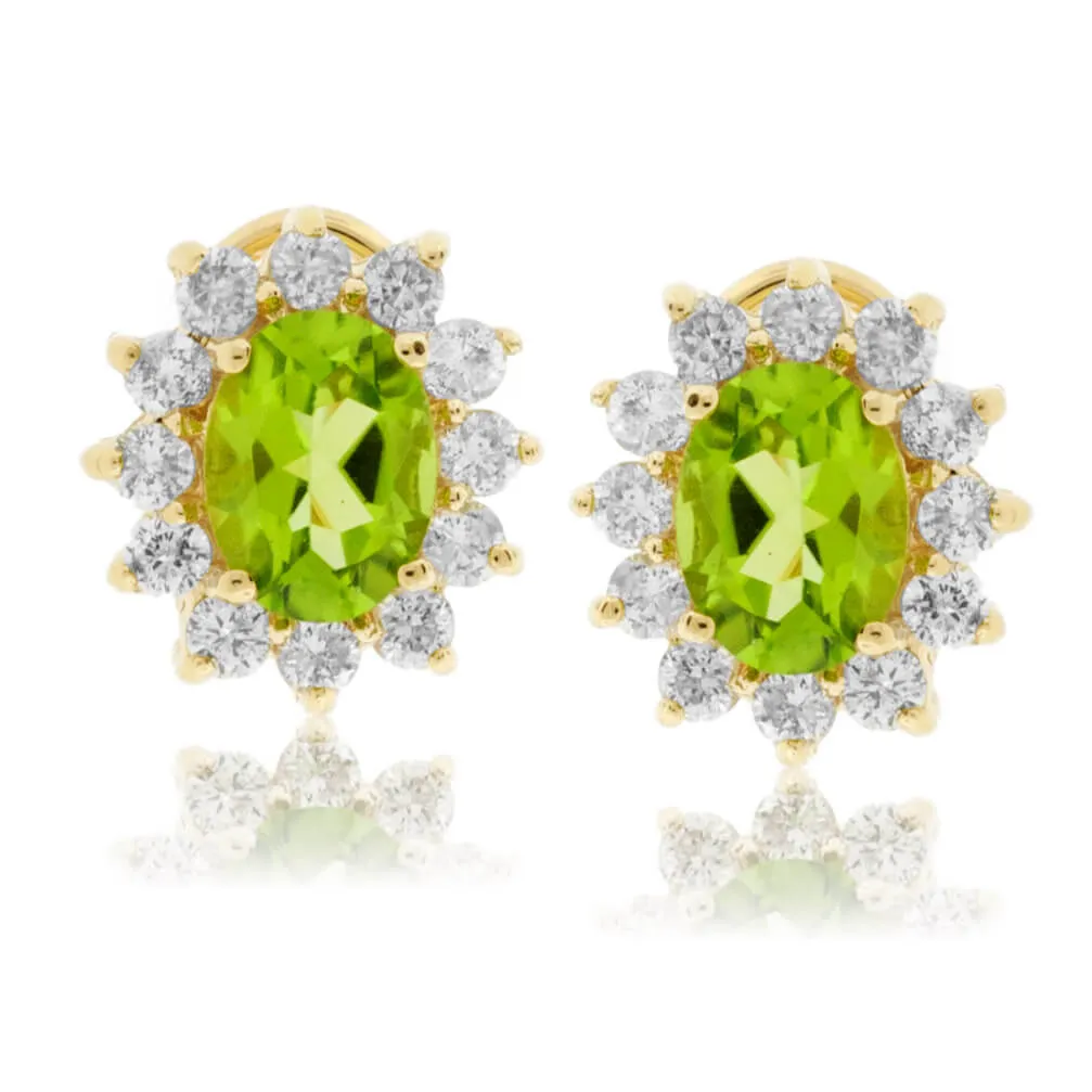 Oval Peridot and Classic Diamond Stud Halo Earrings