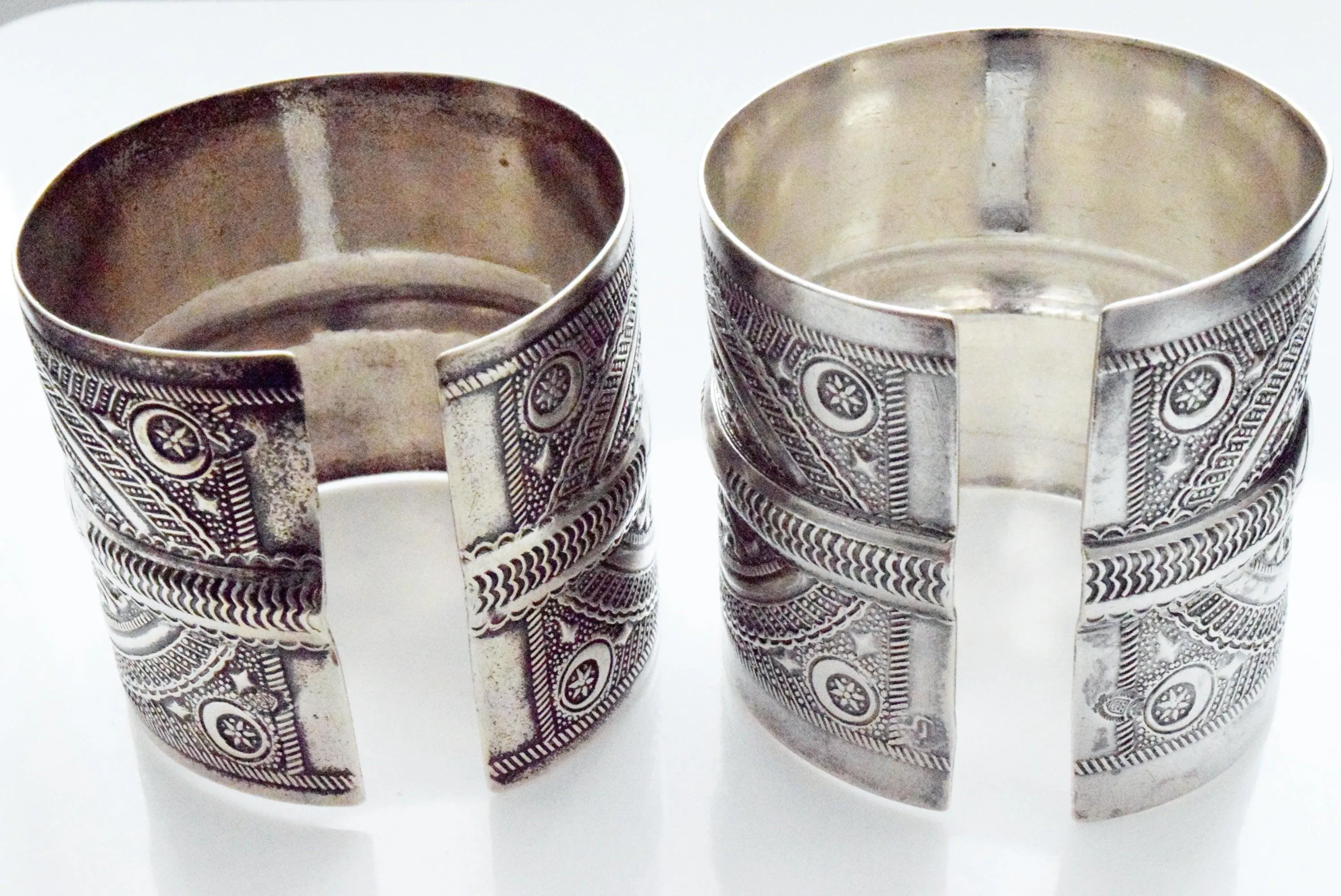 Pair of Wide Silver Berber Cuffs with Fish Motif