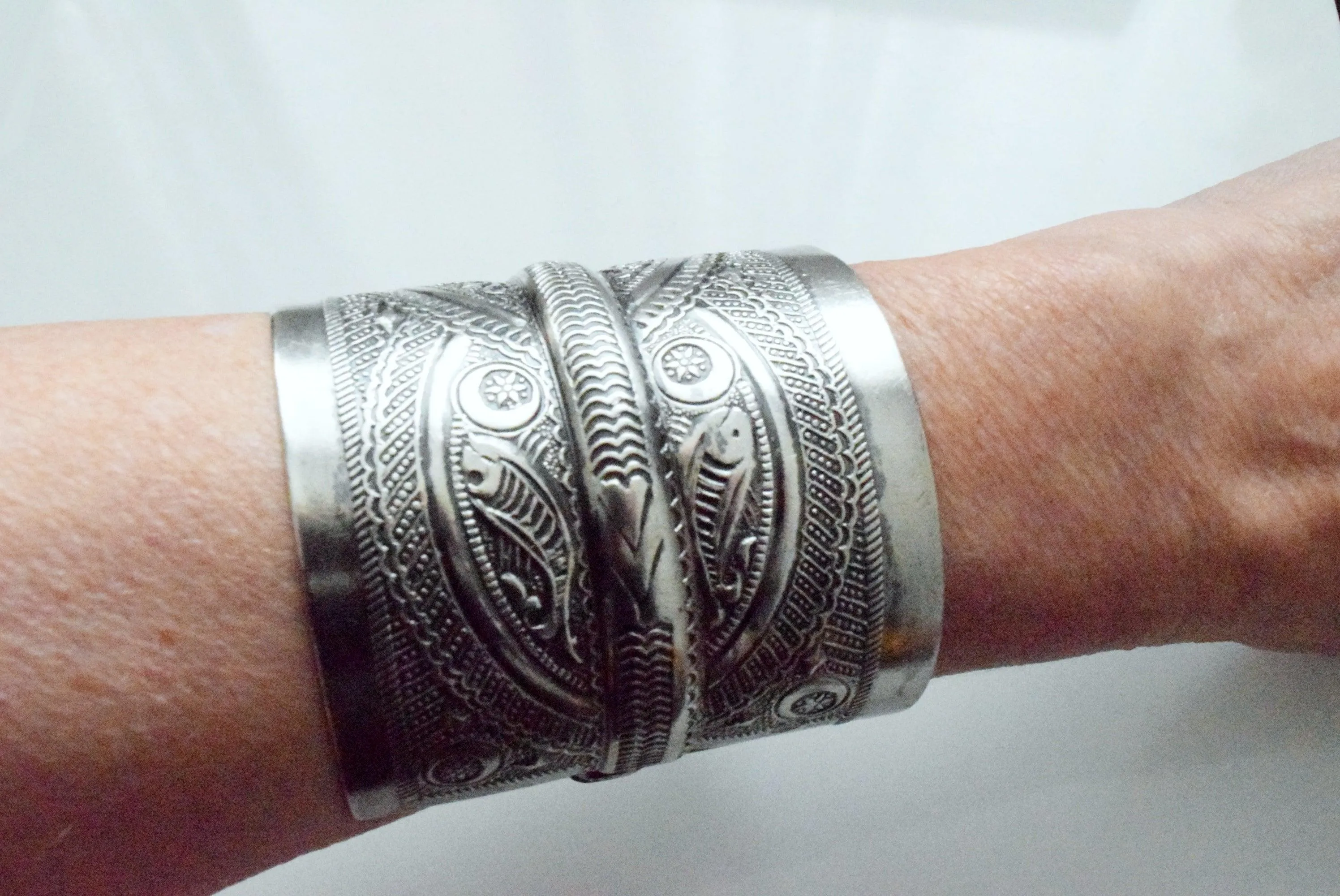 Pair of Wide Silver Berber Cuffs with Fish Motif