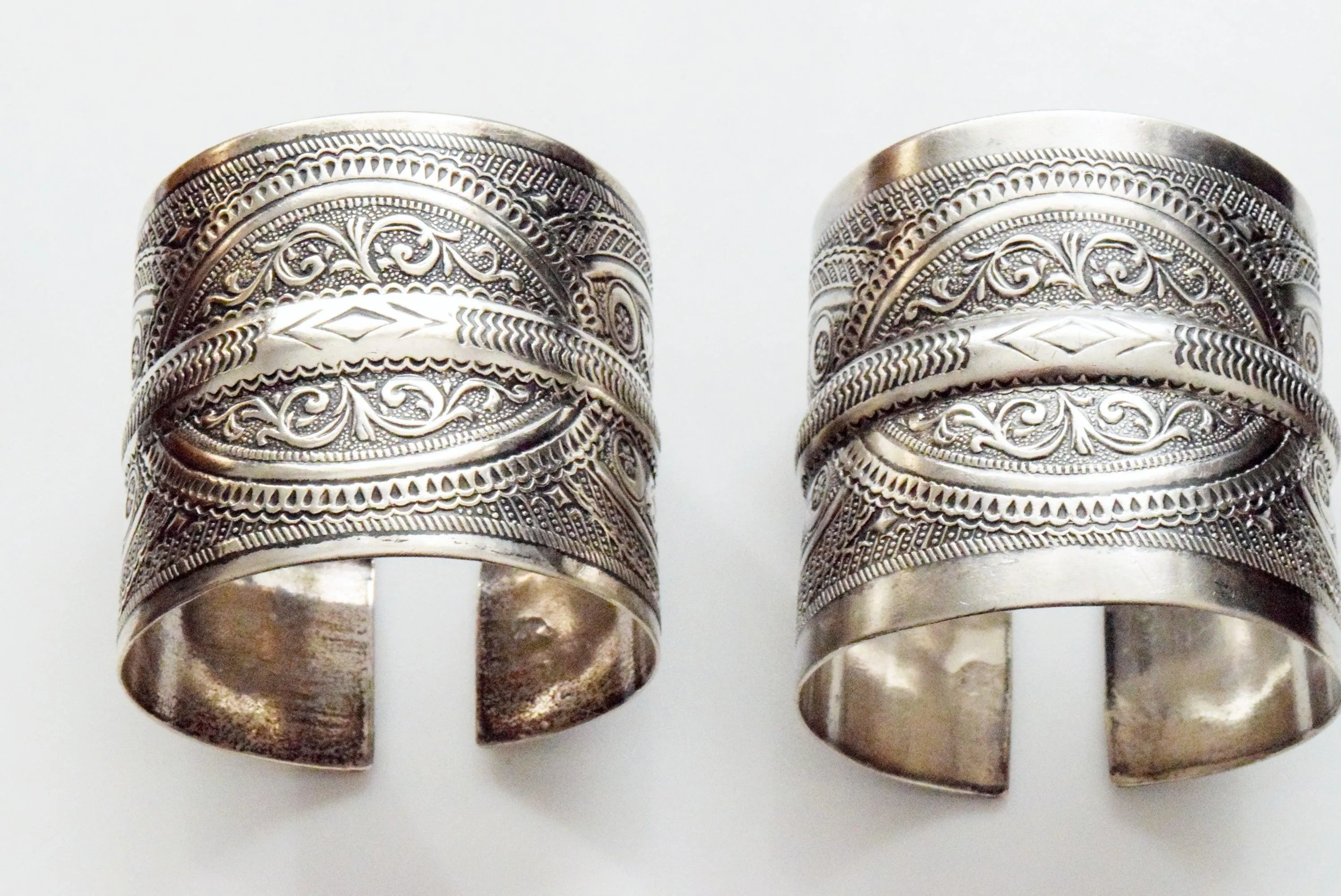 Pair of Wide Silver Berber Cuffs with Fish Motif