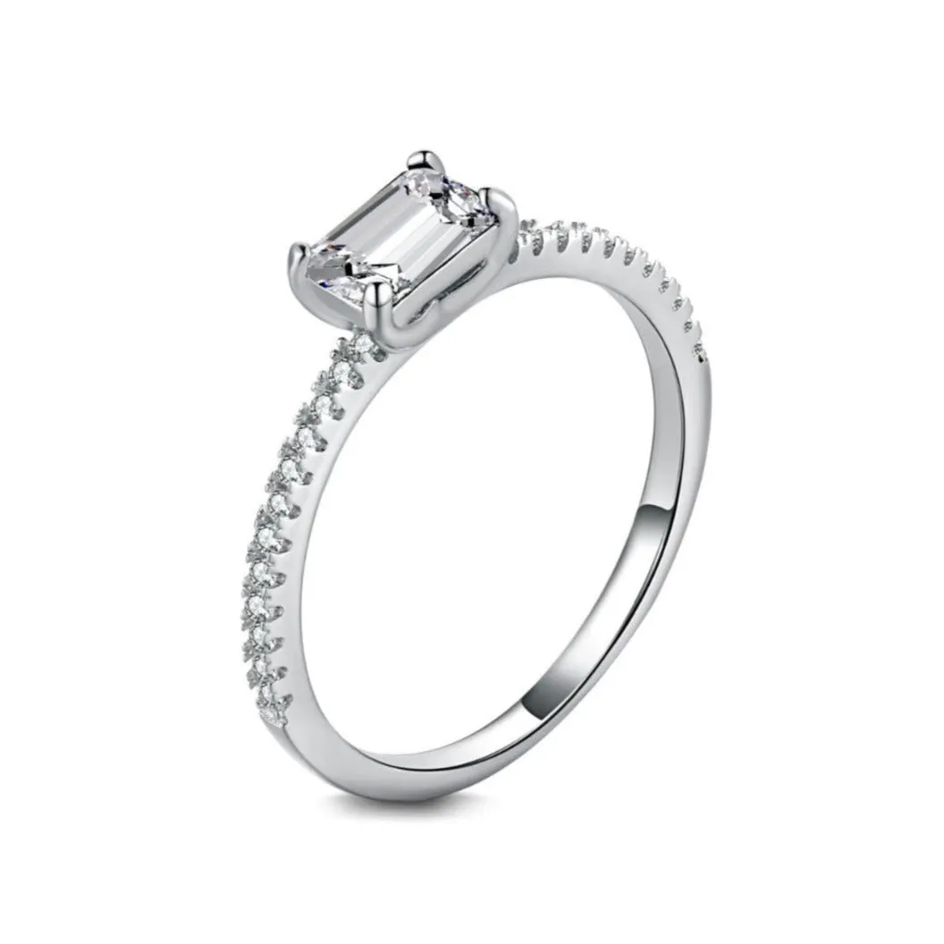 Pave East to West Emerald Cut Solitaire Engagement Ring