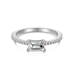 Pave East to West Emerald Cut Solitaire Engagement Ring