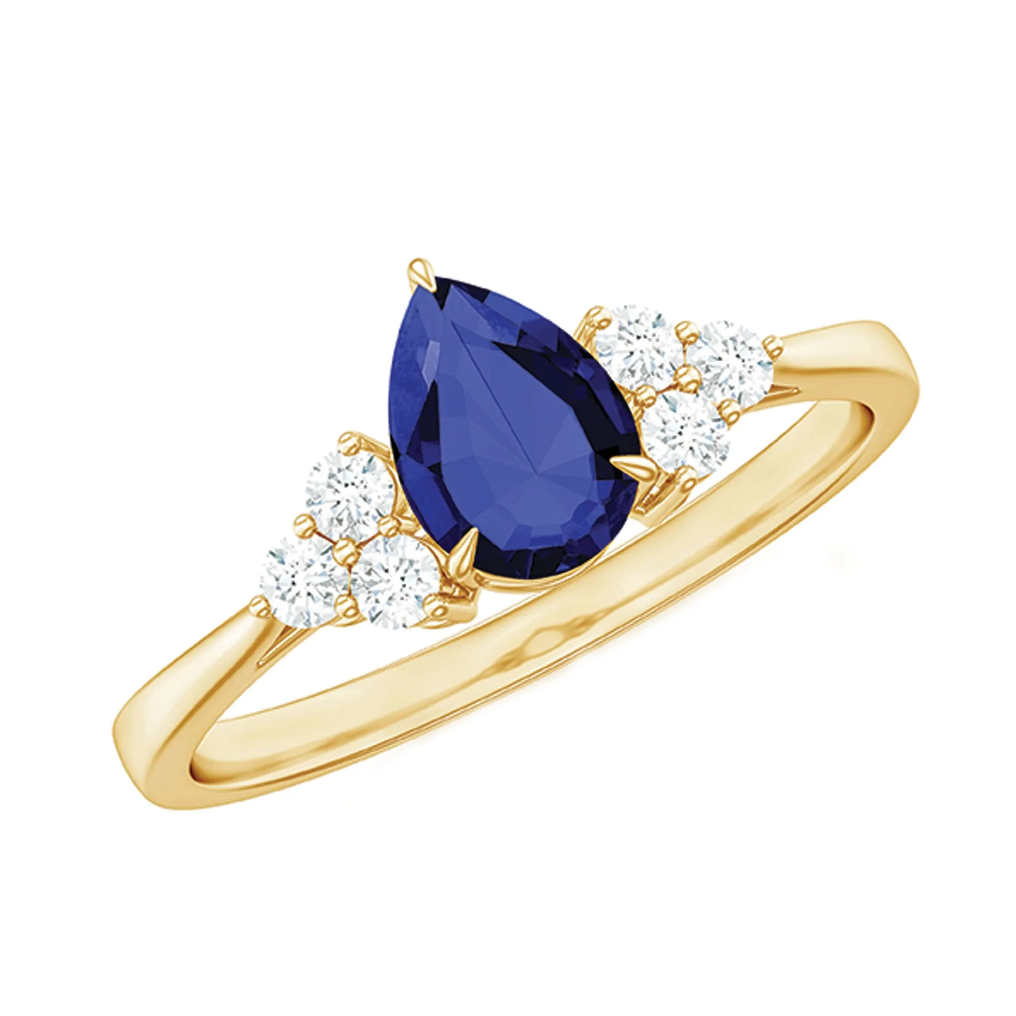 Pear Shaped Created Blue Sapphire Solitaire Ring with Diamond Trio