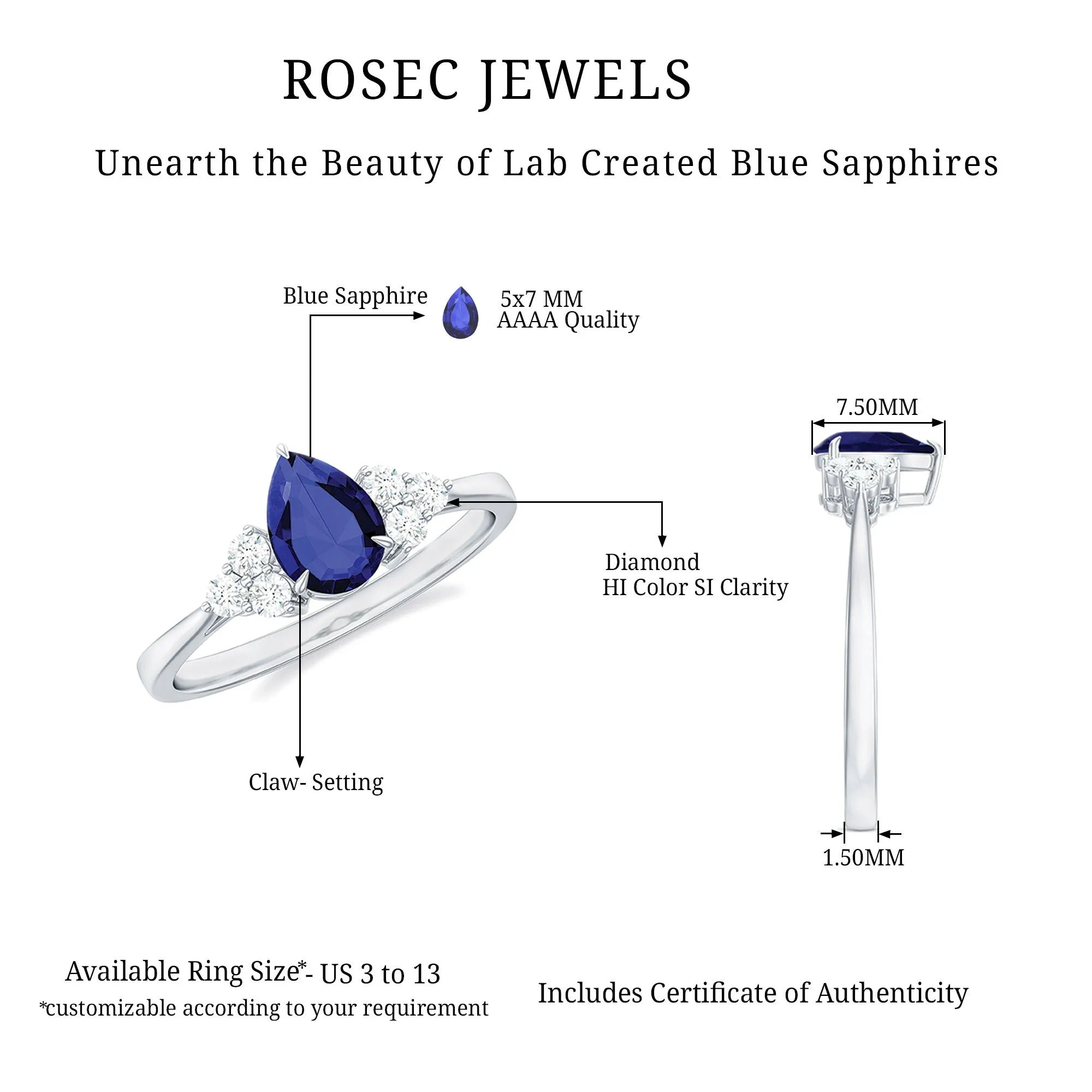 Pear Shaped Created Blue Sapphire Solitaire Ring with Diamond Trio