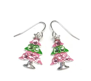 Pink and Green Christmas Tree Earrings