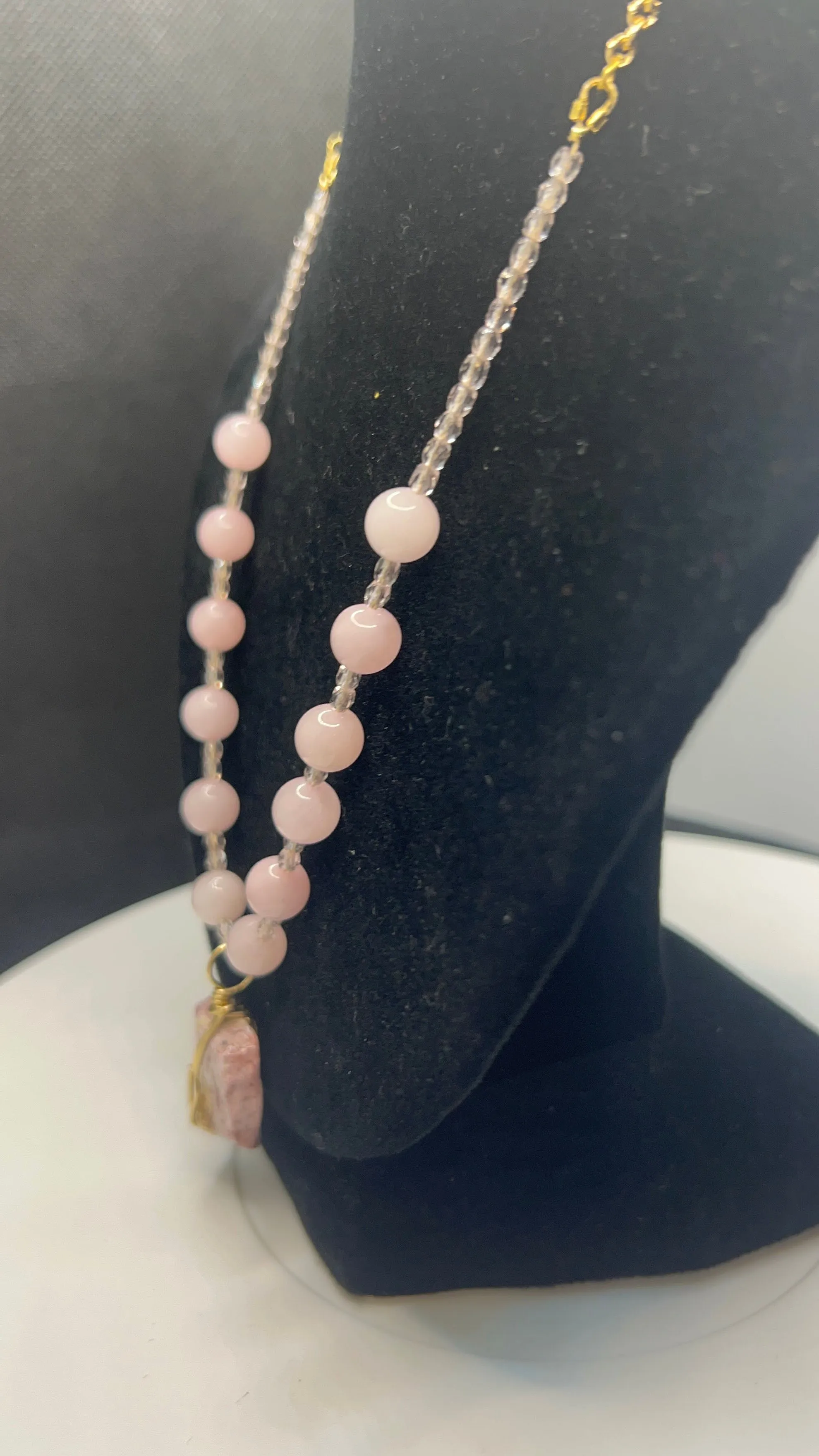 Pink Quartz with Jasper Coin Focal and Gold Chain 19in and Earrings