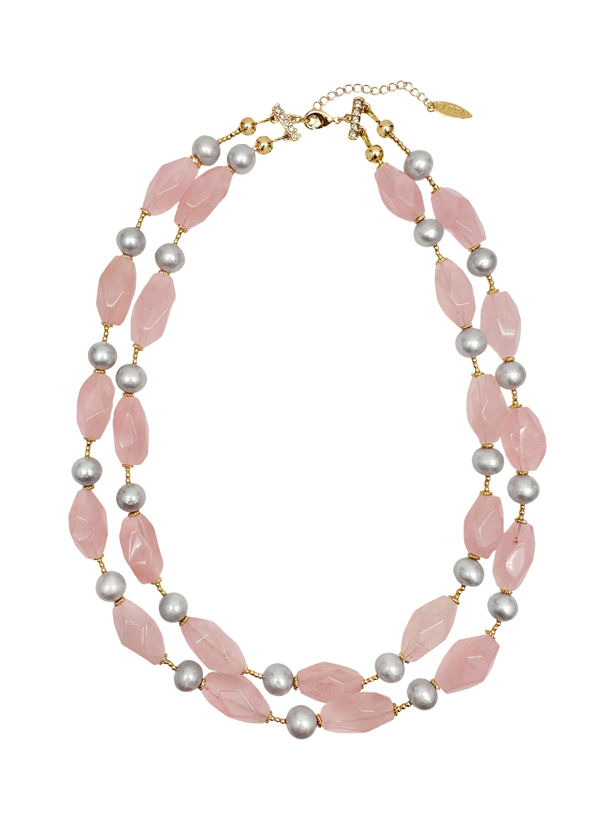 Pink Rose Quartz and Gray Freshwater Pearls Double Layers Necklace LN007