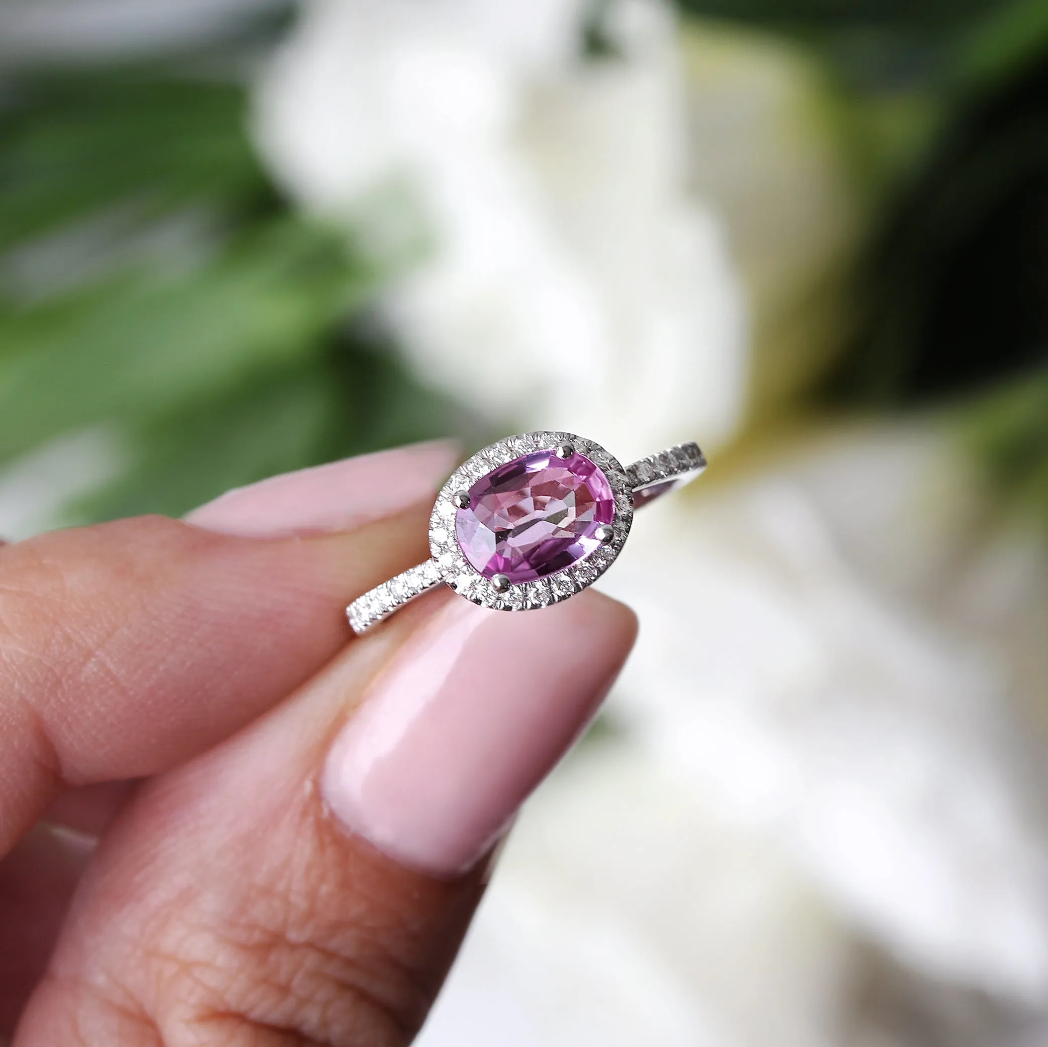 Pink Sapphire & Diamond Halo, East West engagement ring - Ivy ♥