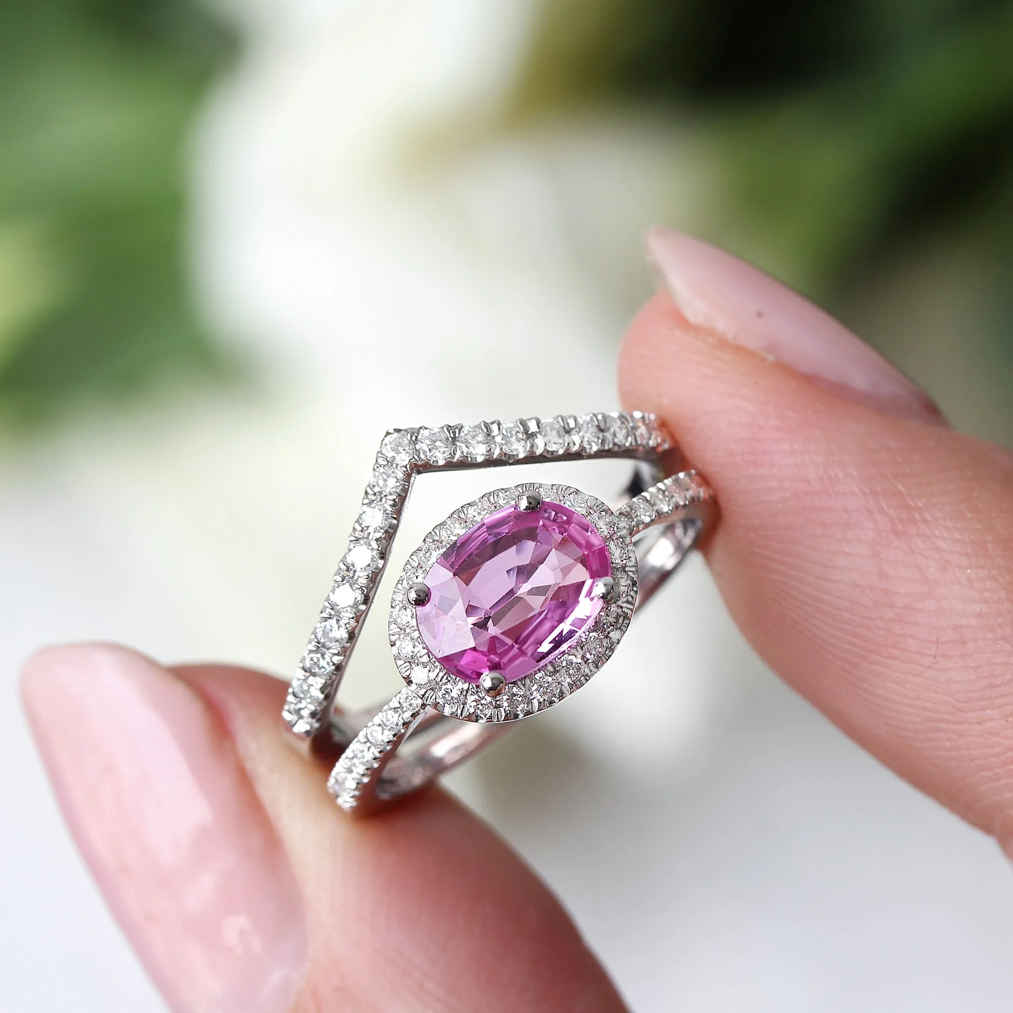 Pink Sapphire & Diamond Halo, East West engagement ring - Ivy ♥