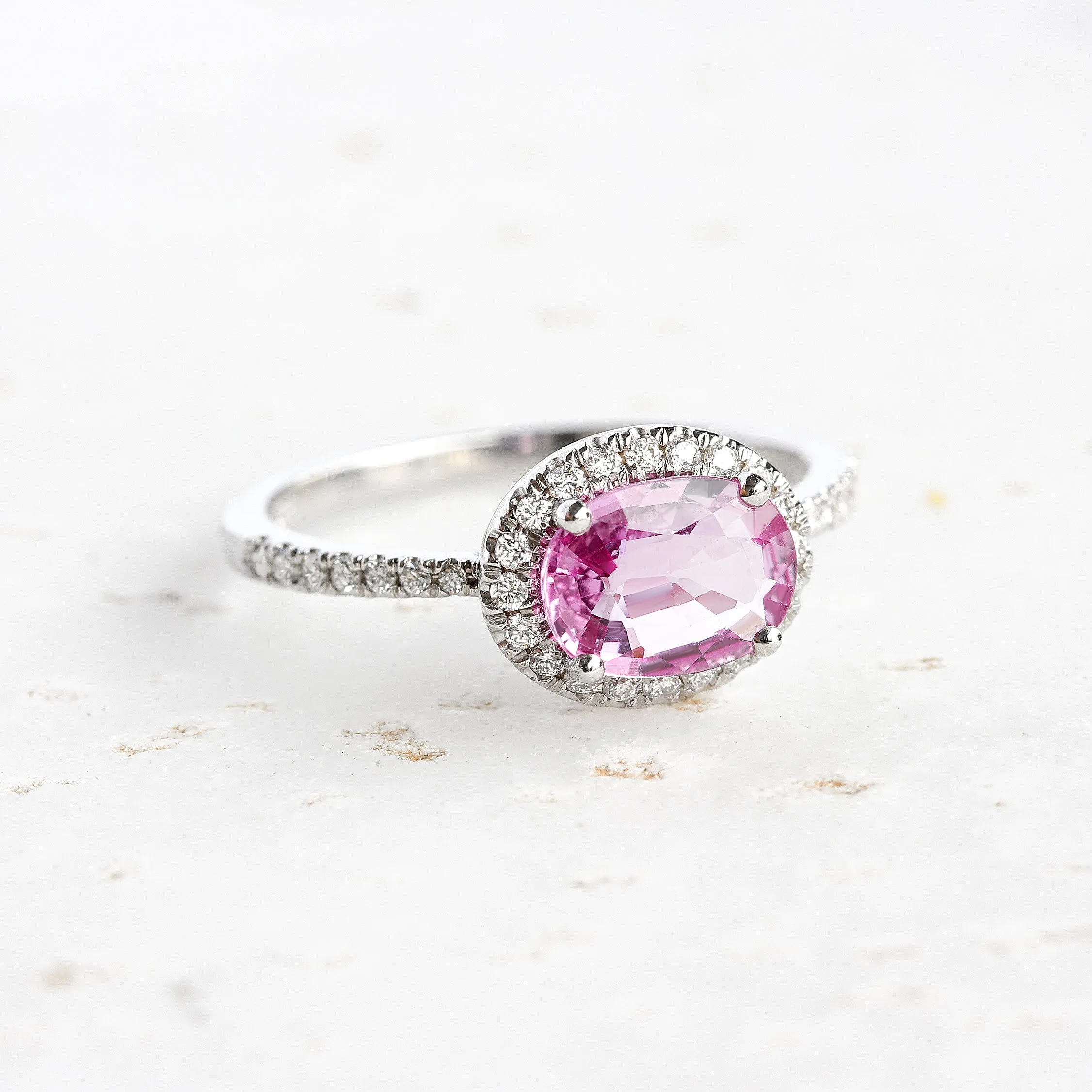 Pink Sapphire & Diamond Halo, East West engagement ring - Ivy ♥