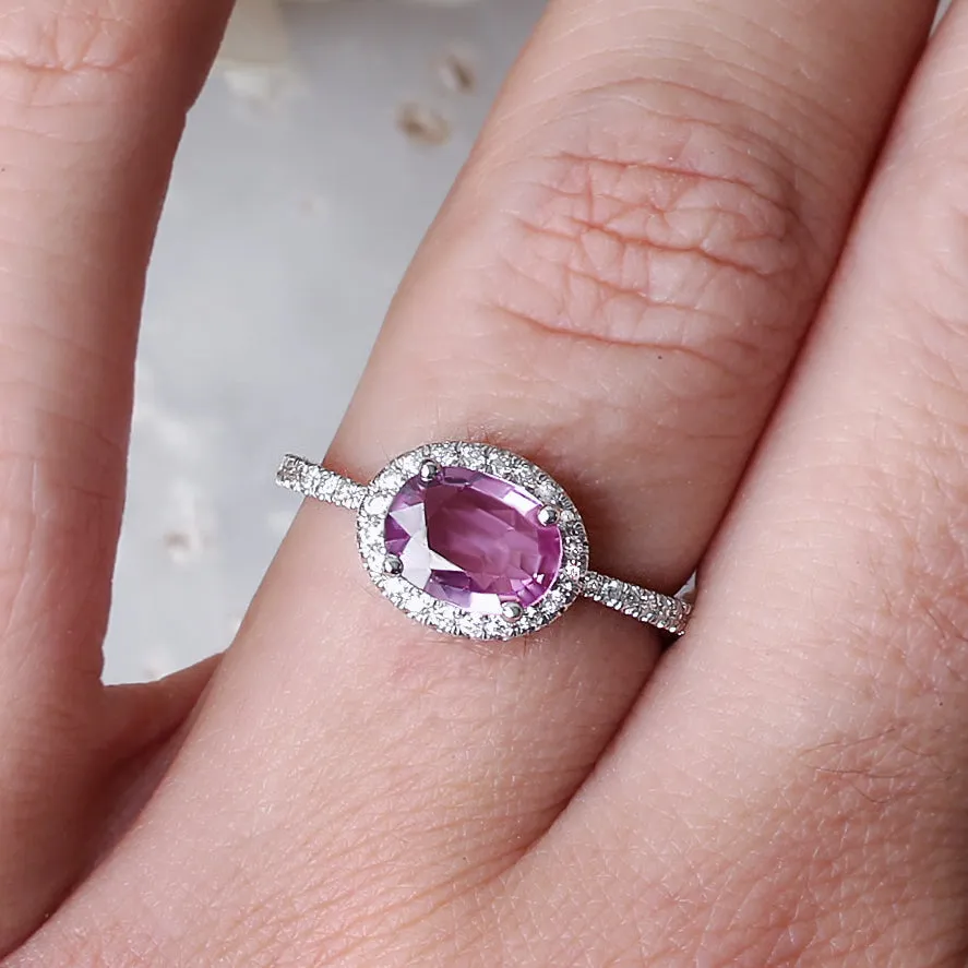 Pink Sapphire & Diamond Halo, East West engagement ring - Ivy ♥