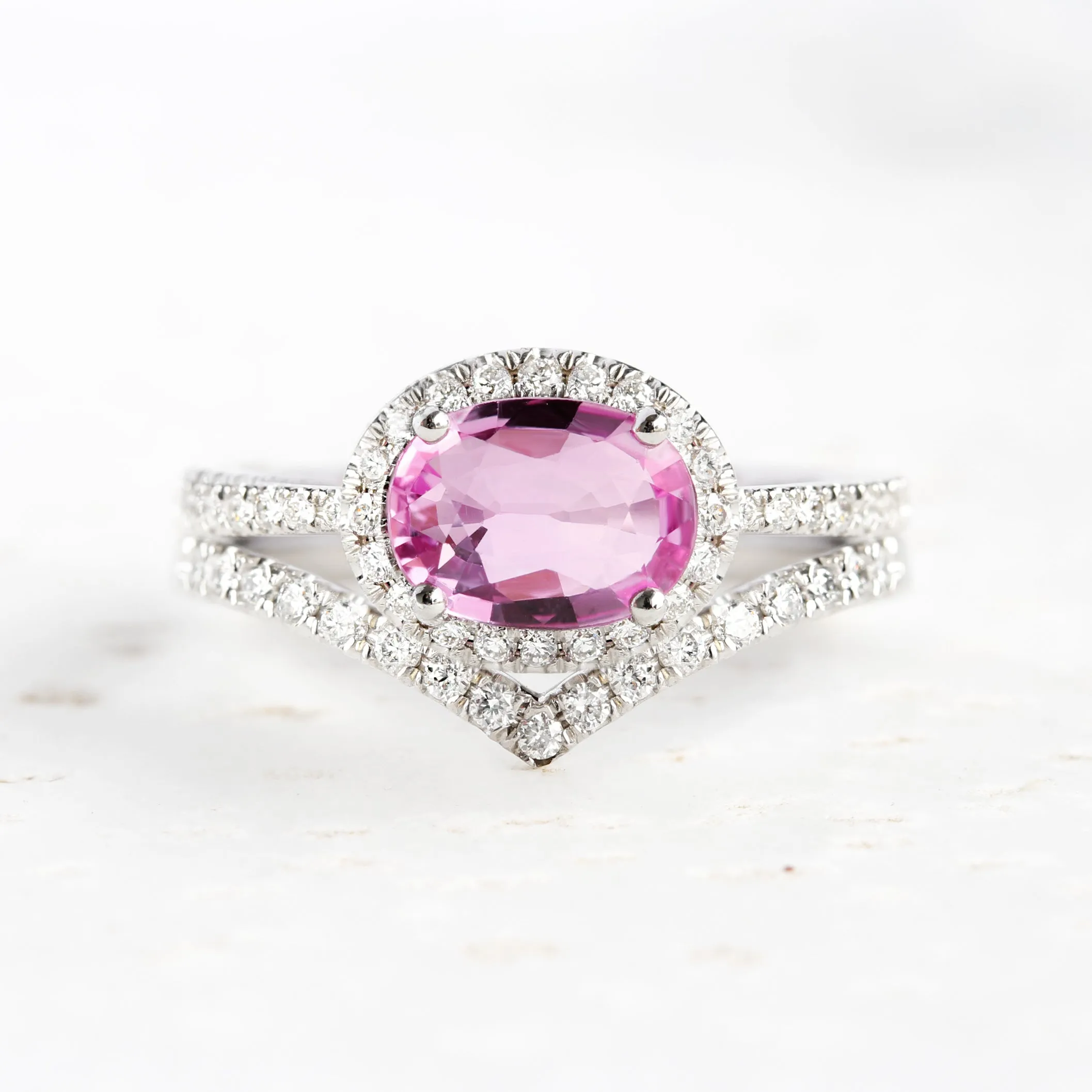 Pink Sapphire & Diamond Halo, East West engagement ring - Ivy ♥