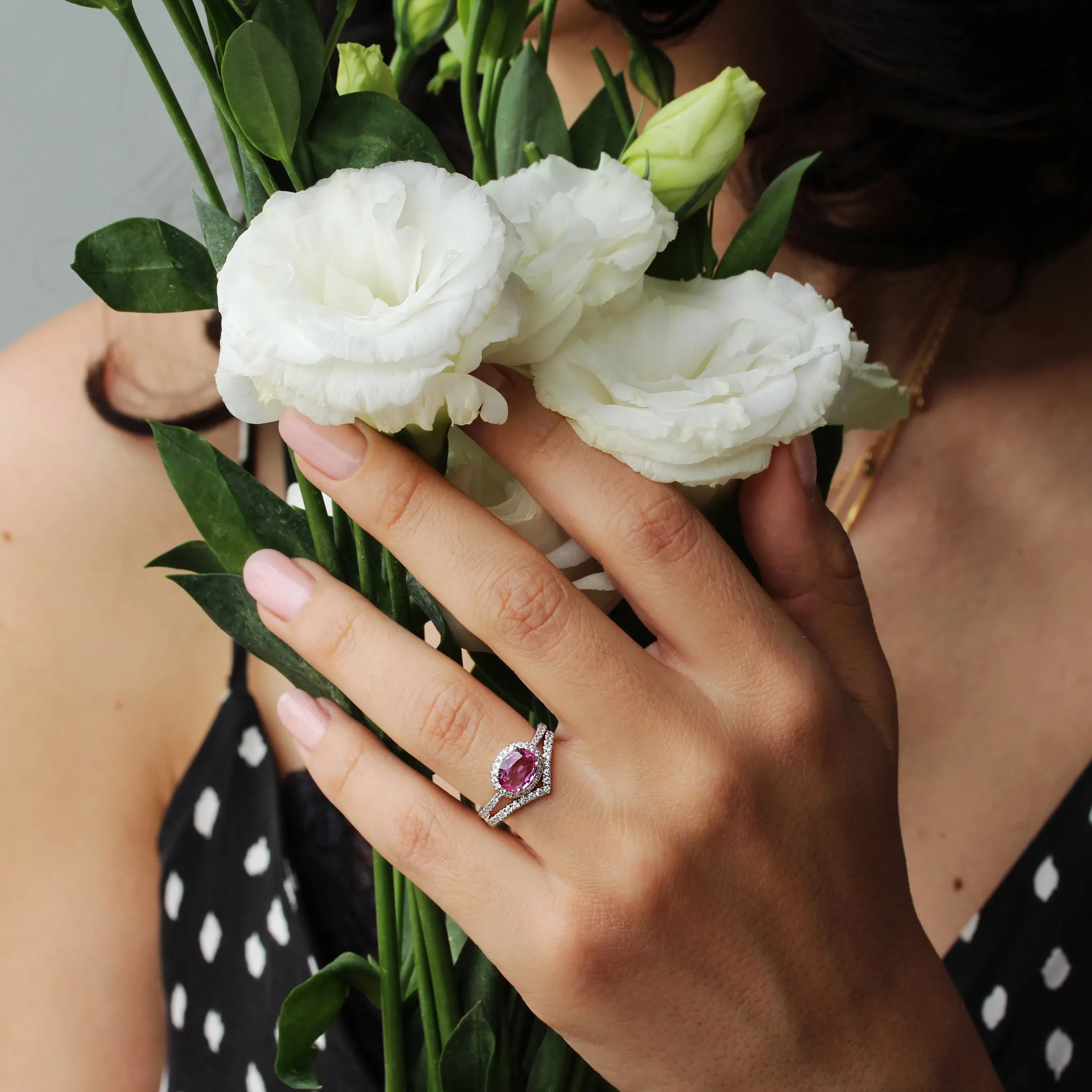 Pink Sapphire & Diamond Halo, East West engagement ring - Ivy ♥