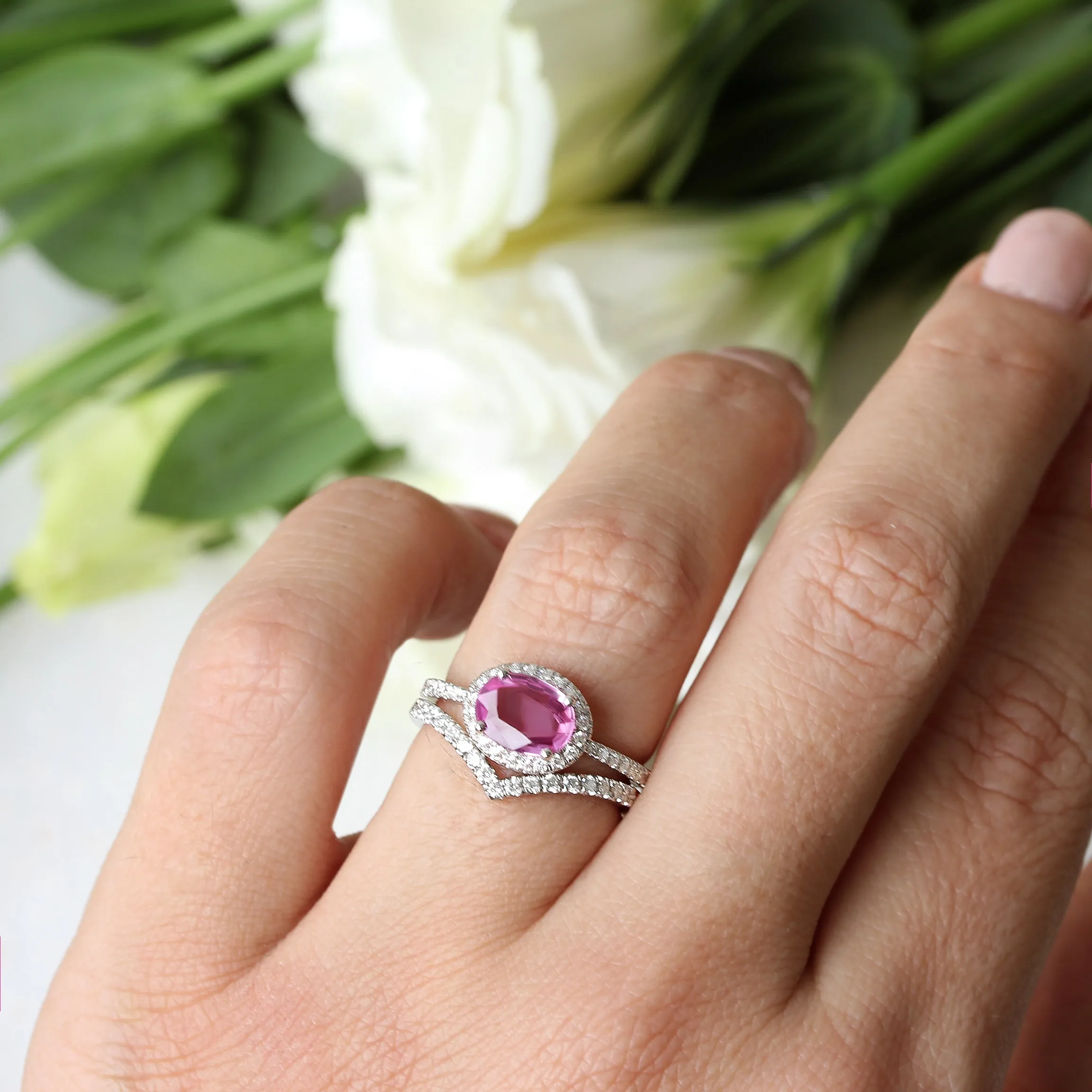 Pink Sapphire & Diamond Halo, East West engagement ring - Ivy ♥