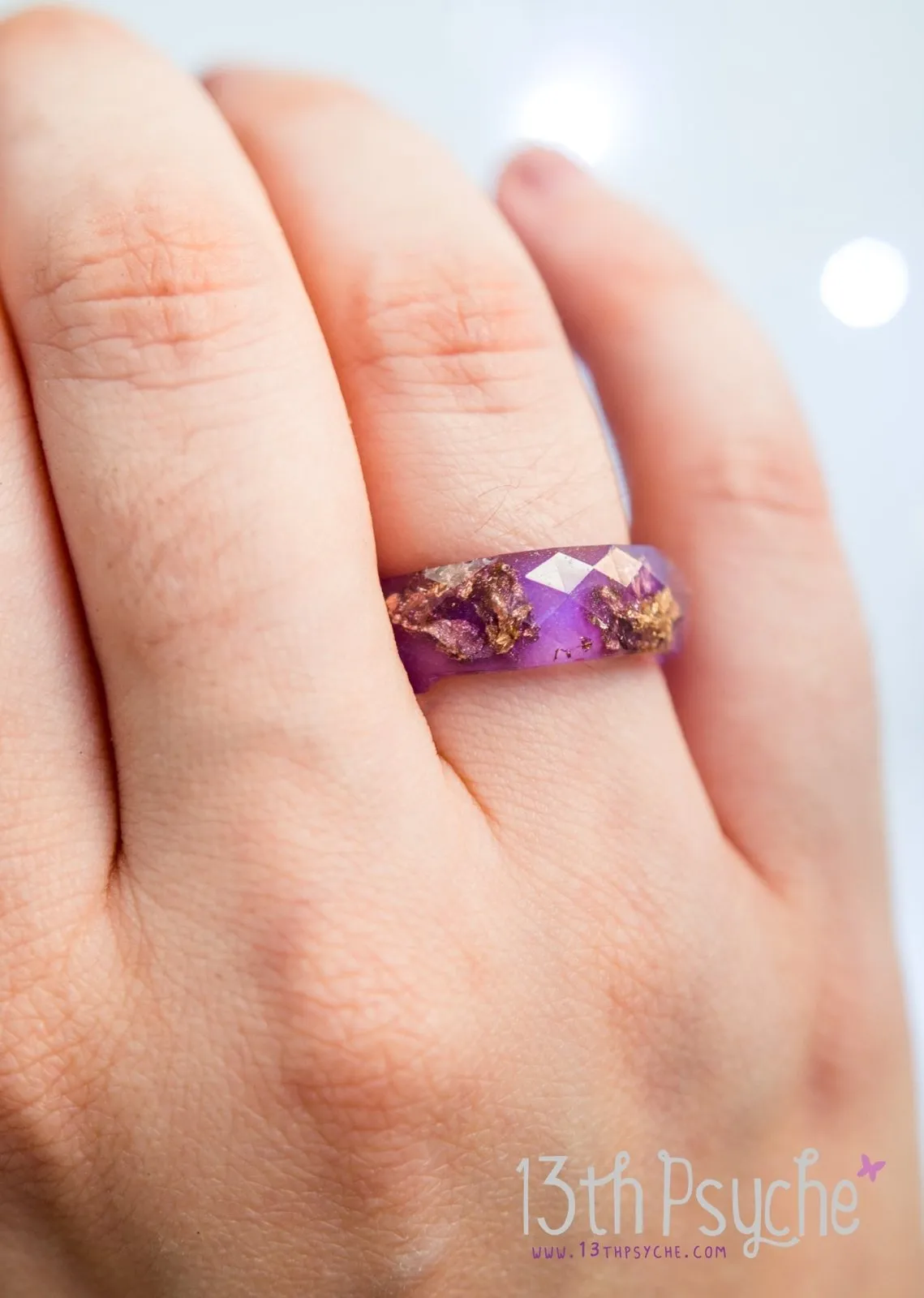 Purple and gold flakes faceted resin ring