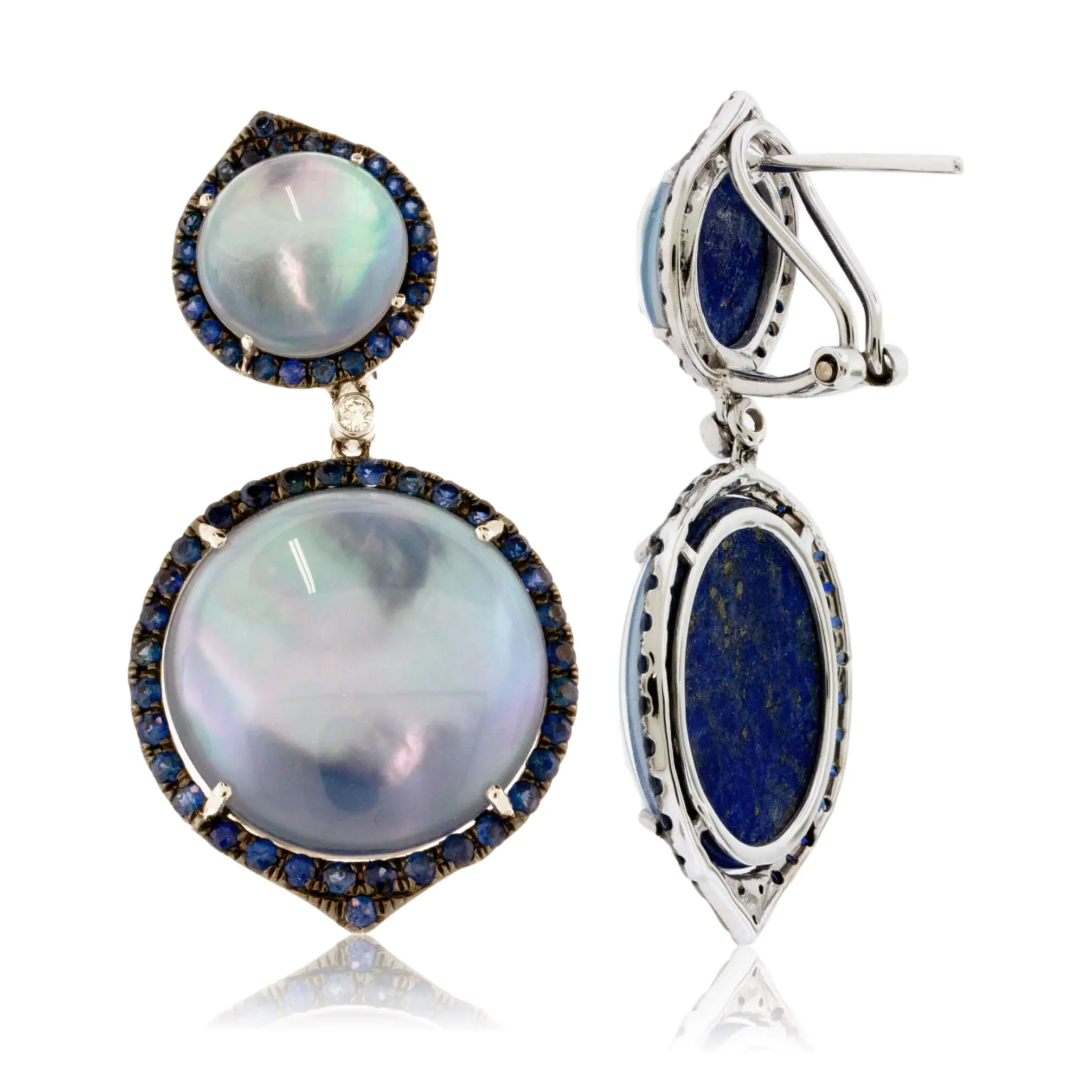 Quartz, Shell & Lapis Triplet with Sapphire & Diamond Halo Earrings