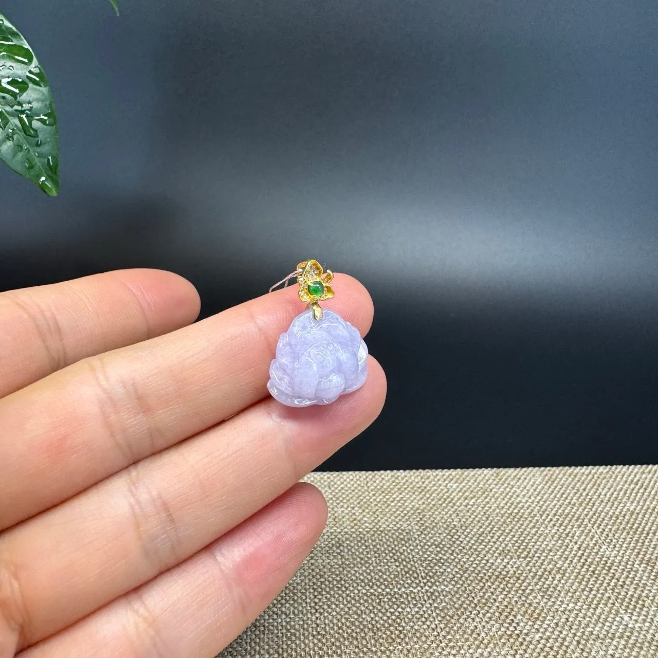 "Good Luck Button" Lavender Jadeite Jade Lotus Pendant With 18K Yellow Gold Bail