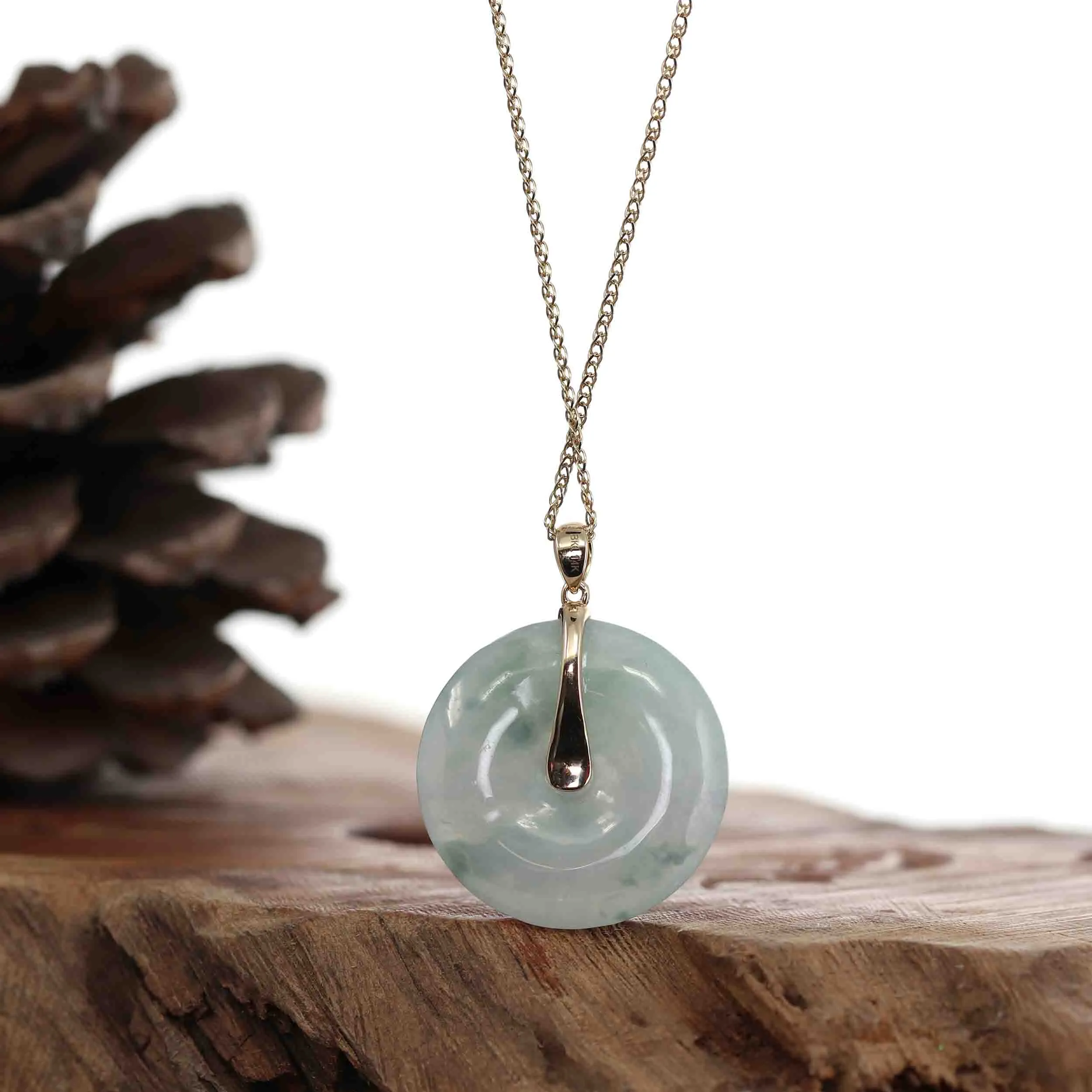 "Good Luck Button" Light Lavender Green Jadeite Jade Lucky KouKou Pendant Necklace