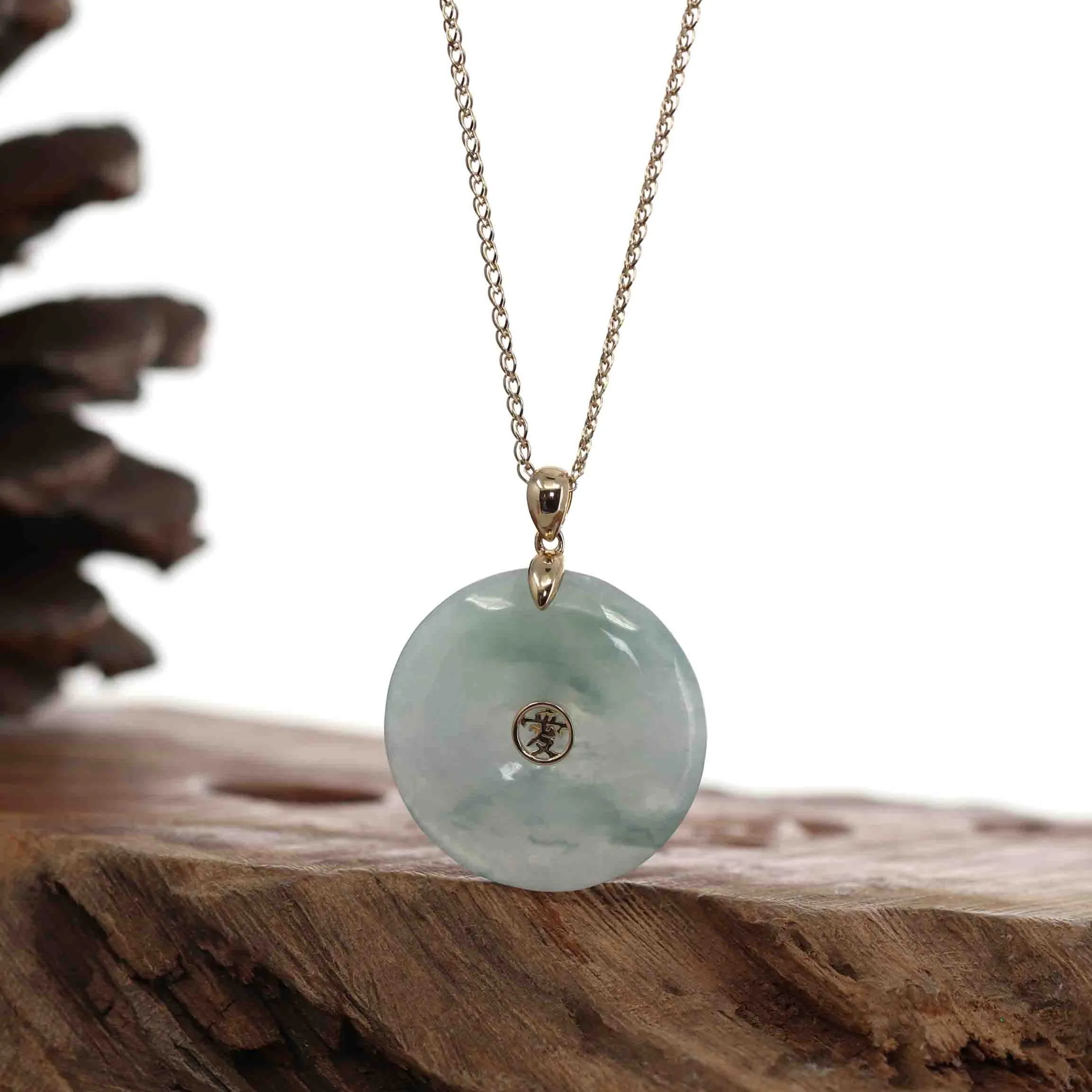 "Good Luck Button" Light Lavender Green Jadeite Jade Lucky KouKou Pendant Necklace