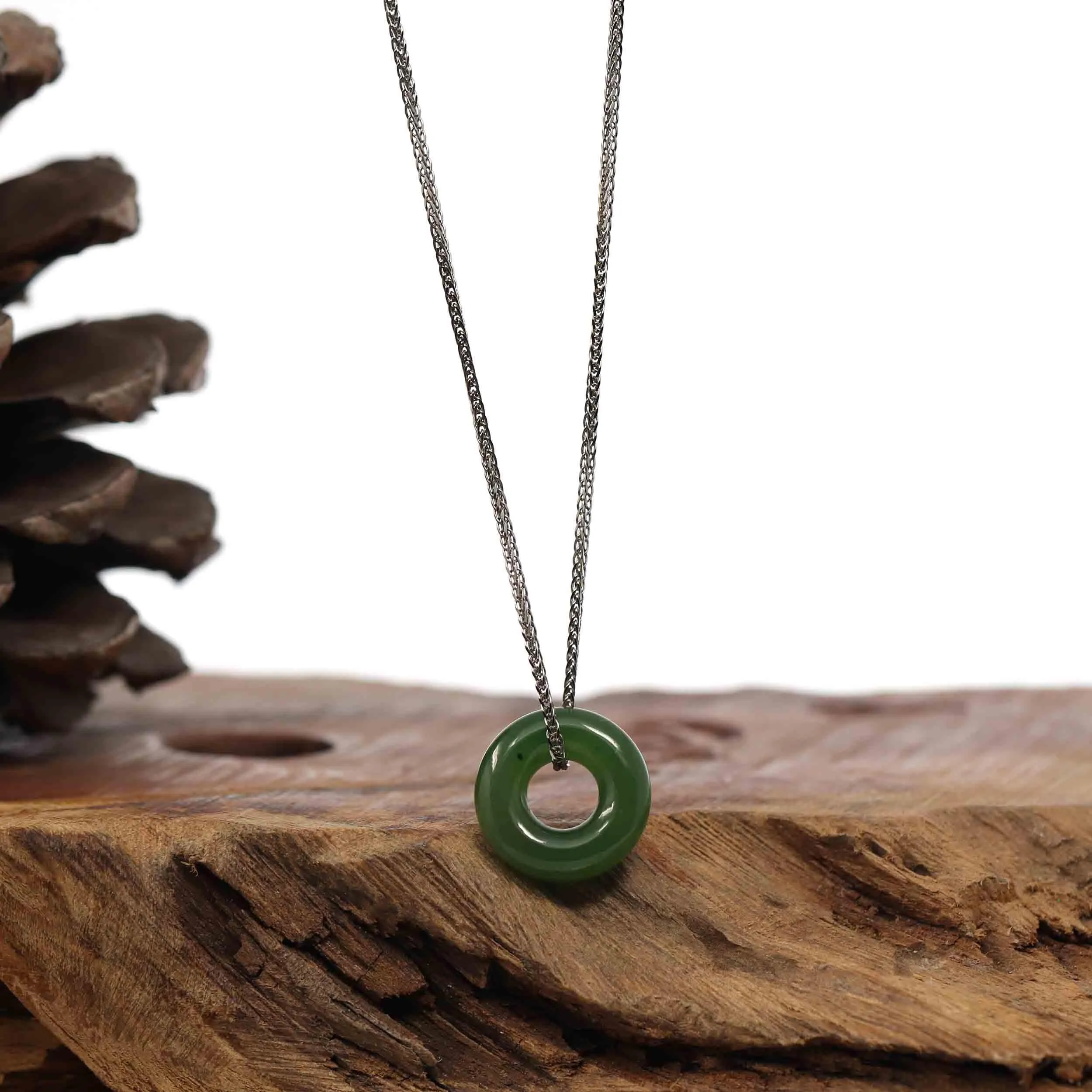 "Good Luck Button" Necklace Green Nephrite Jade Pendant Necklace