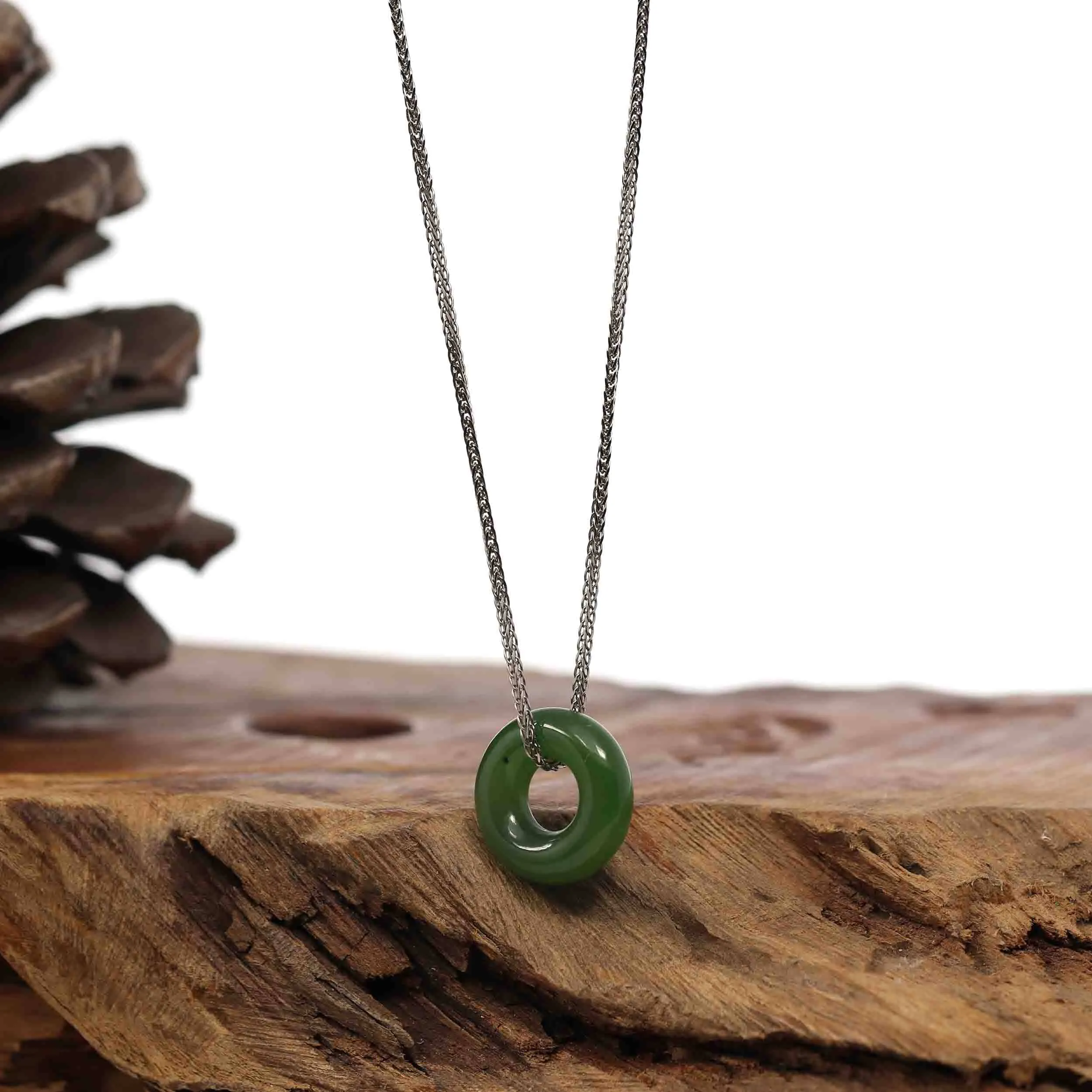 "Good Luck Button" Necklace Green Nephrite Jade Pendant Necklace