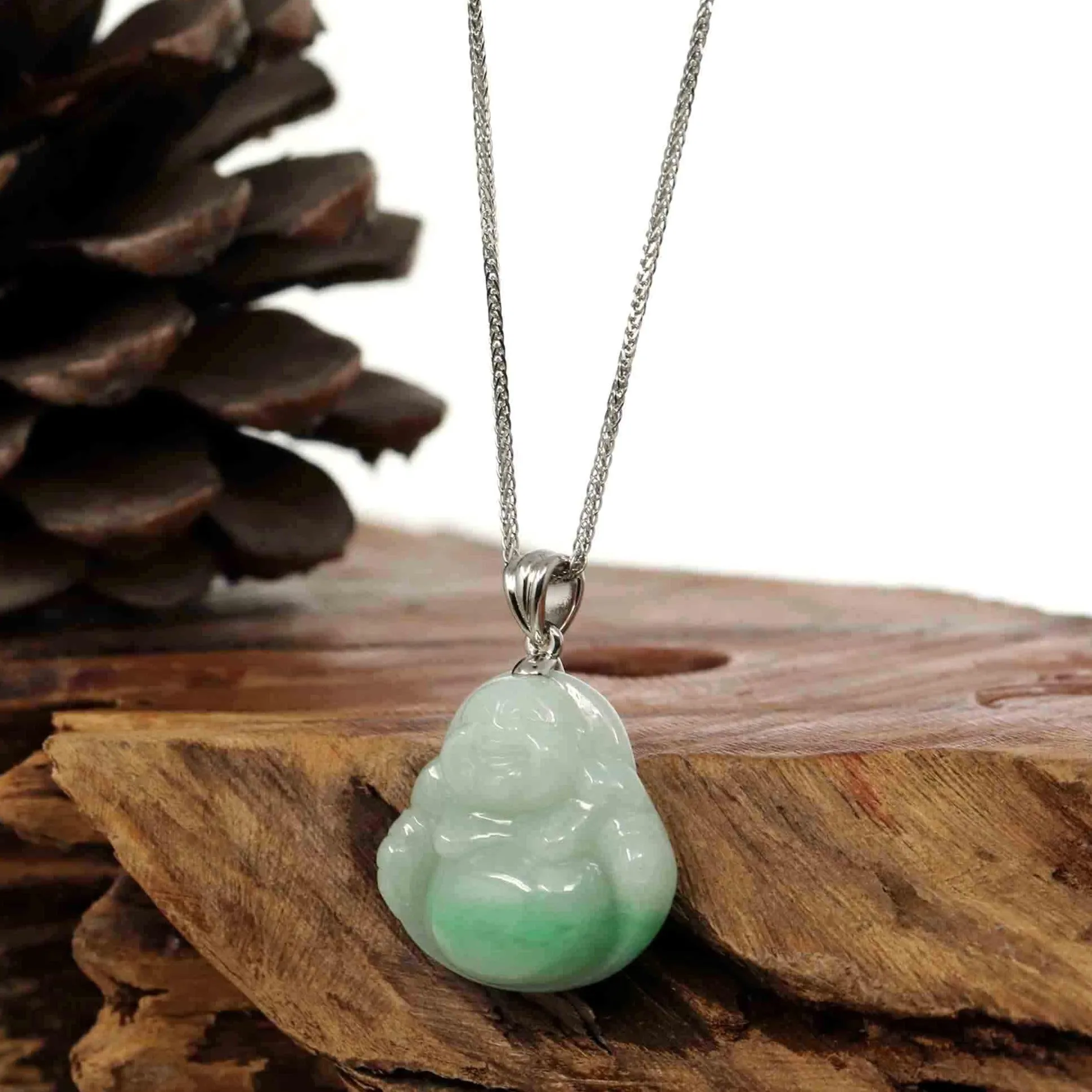 "Laughing Buddha" Genuine Vibrant Green Jadeite Buddha Pendant Necklace With Sterling Silver Bail