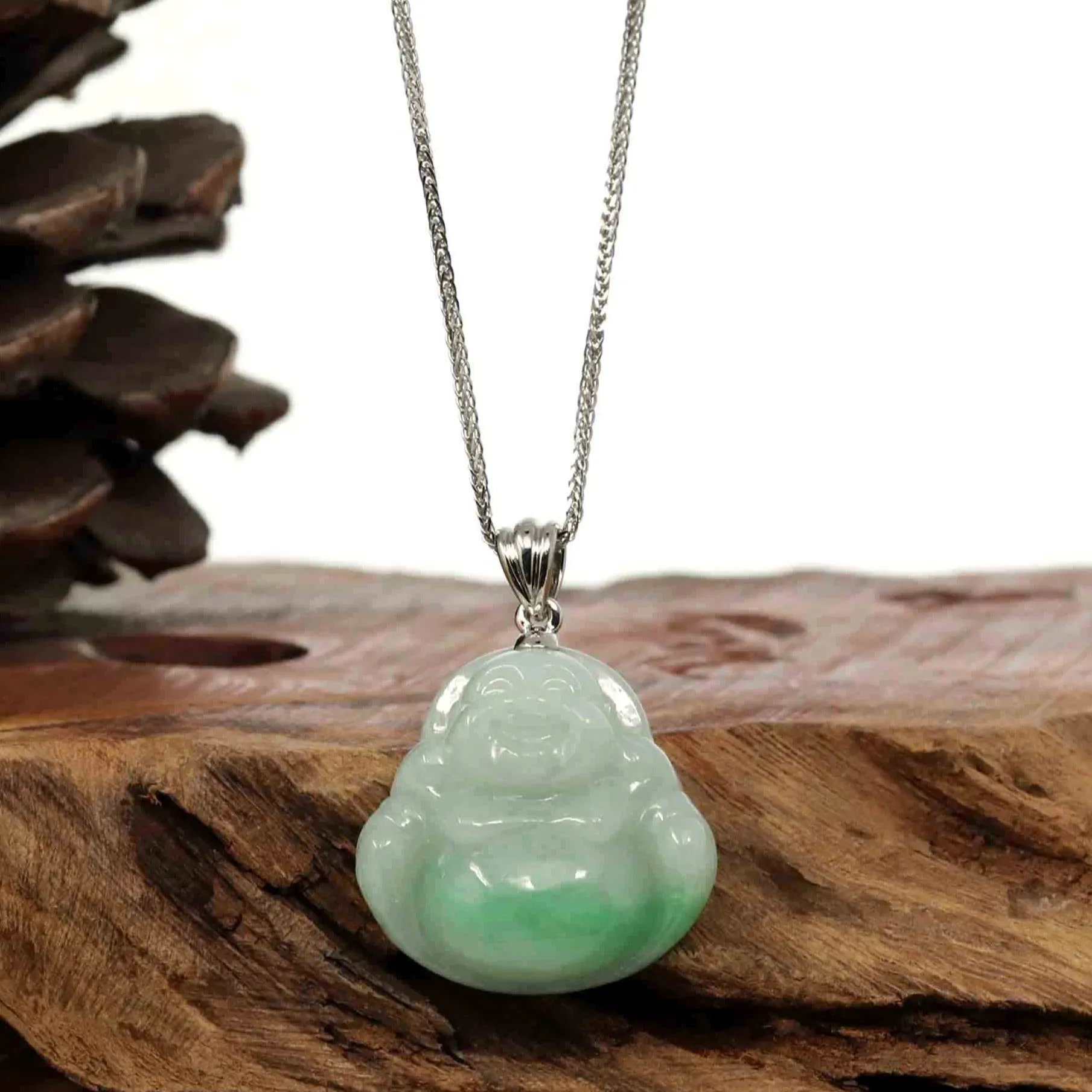 "Laughing Buddha" Genuine Vibrant Green Jadeite Buddha Pendant Necklace With Sterling Silver Bail