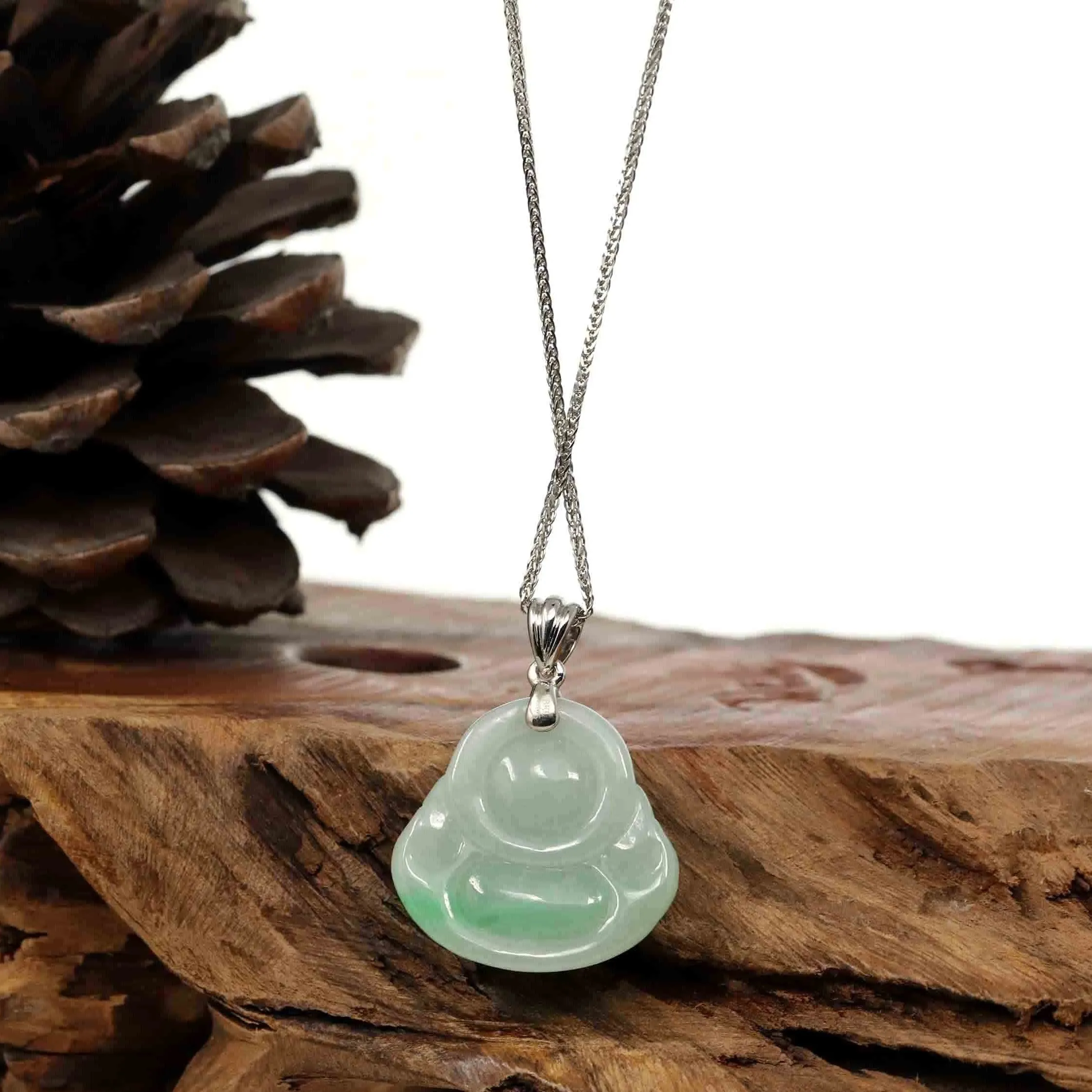 "Laughing Buddha" Genuine Vibrant Green Jadeite Buddha Pendant Necklace With Sterling Silver Bail