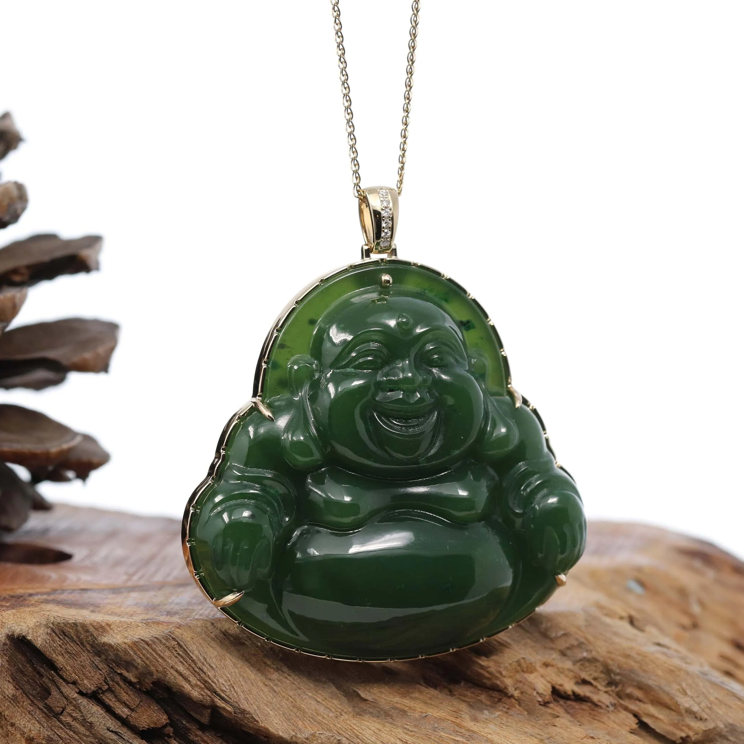 "Laughing Buddha" Large 14k Yellow Gold Genuine Green Jade Buddha Pendant