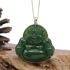 "Laughing Buddha" Large 14k Yellow Gold Genuine Green Jade Buddha Pendant